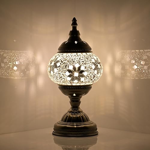 Lámpara de mesa marroquí turca con pantalla de vidrio de mosaico hecha a mano, estilo Tiffany, estilo bohemio, vitral, decorativo, lámparas de