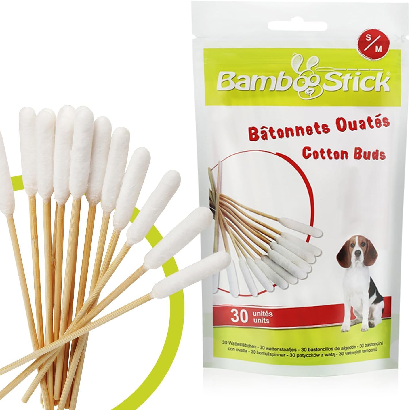 BambooStick Bamboo Cotton Buds for Small Dogs and Cats (30 S/M Buds) - Safe and Easy Ear Wax Removal - Designed by French Vet