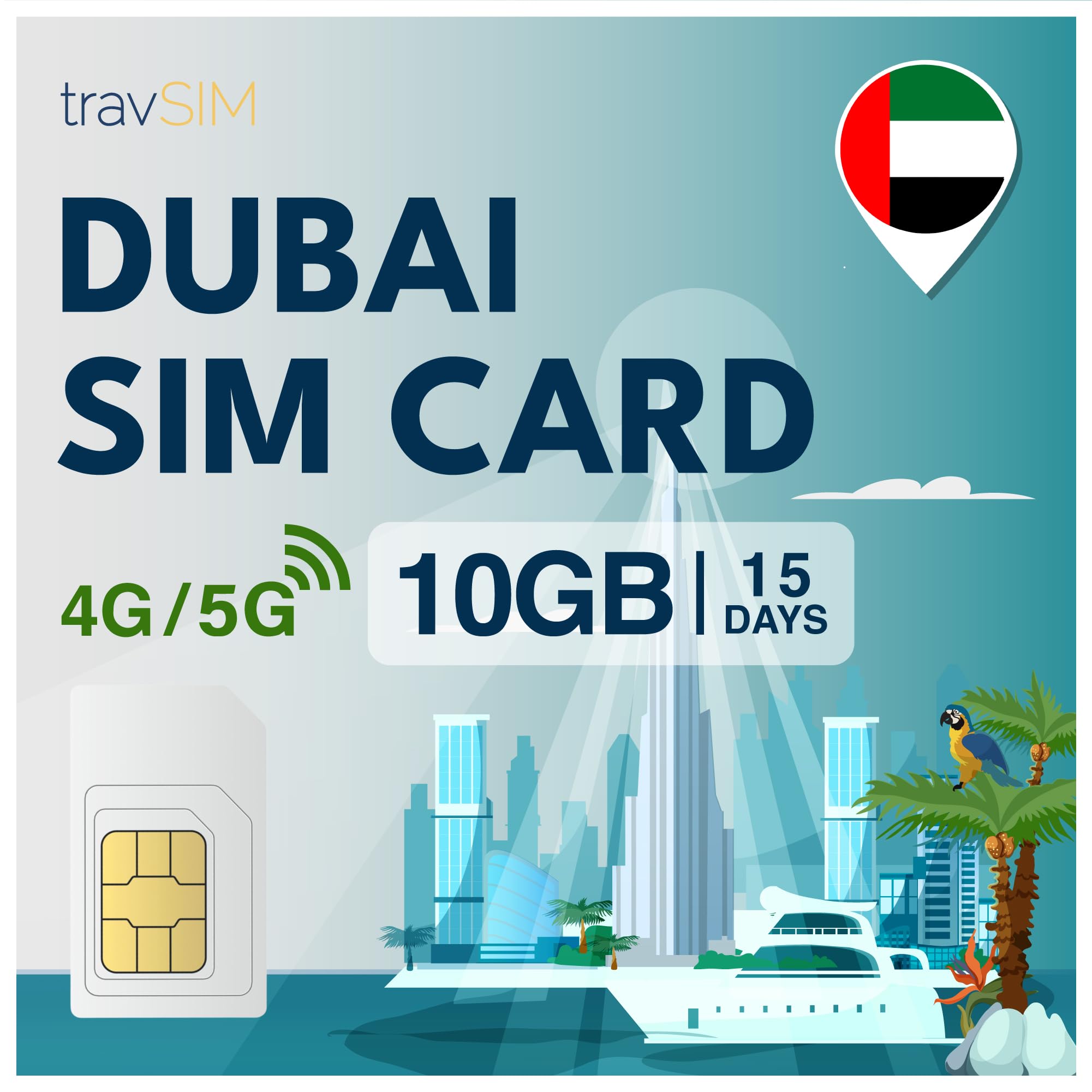 travSIM Karta SIM do Dubaju, 15 dni – 10 GB danych SIM, szybkie dane 5G/4G, nieograniczony dostęp do Internetu dla Google, Facebook, Whatsapp, Instagram i wielu innych