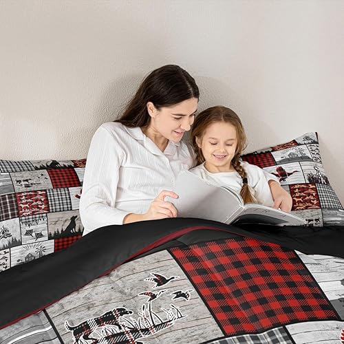 Miniatura 6 de Feelyou Juego de ropa de cama de perro de caza de patos, juego de edredón rústico a cuadros, edredón de pato malardo, para niños, niñas,