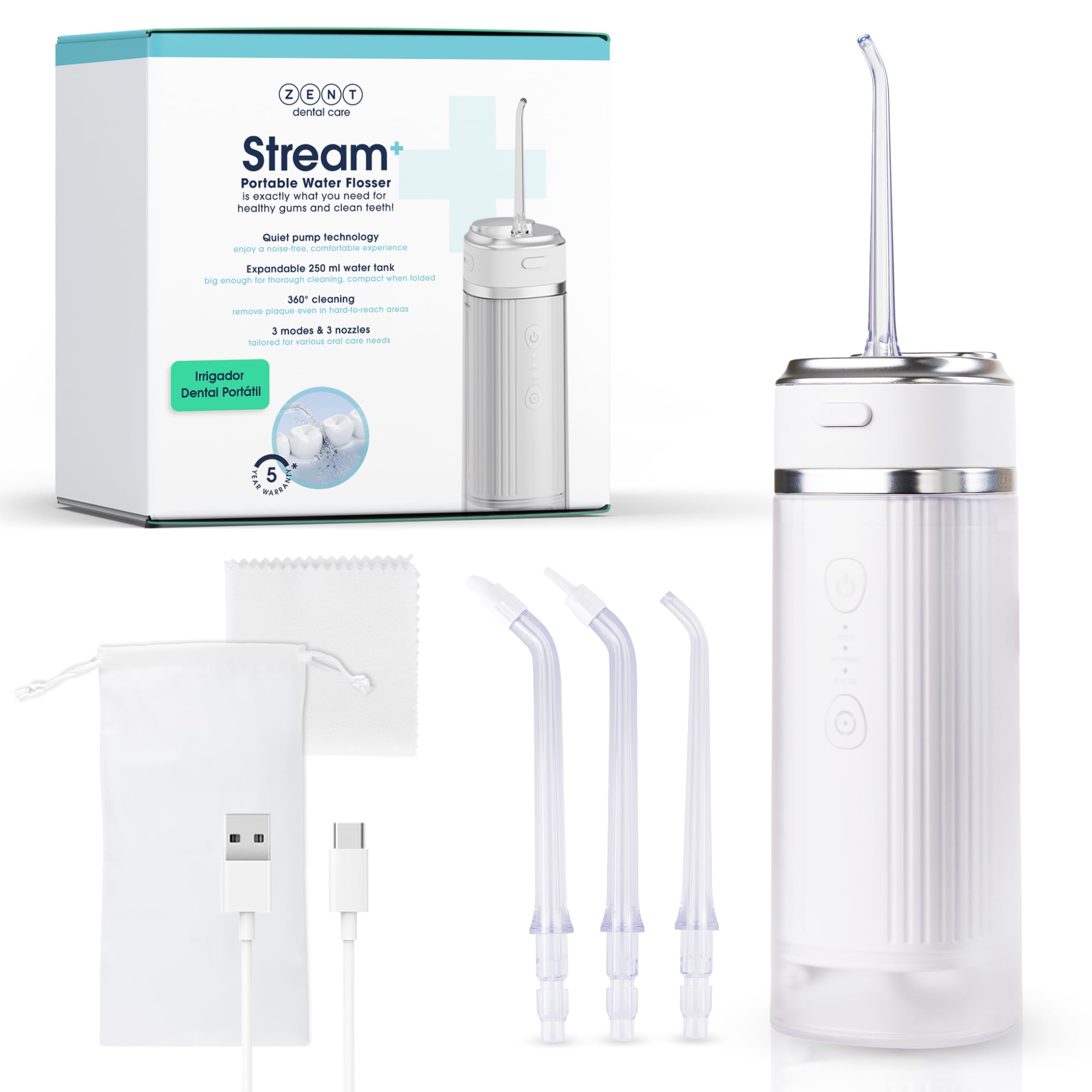 ZENT Irrigador dental portatil, Irrigador Bucal viaje con tecnologÃa rotativa avanzada de 360°, 3 Boquillas, Presión ajustable, Limpia quitar sarro dientes, BaterÃa duradera, IPX7 Impermeable, Blanco