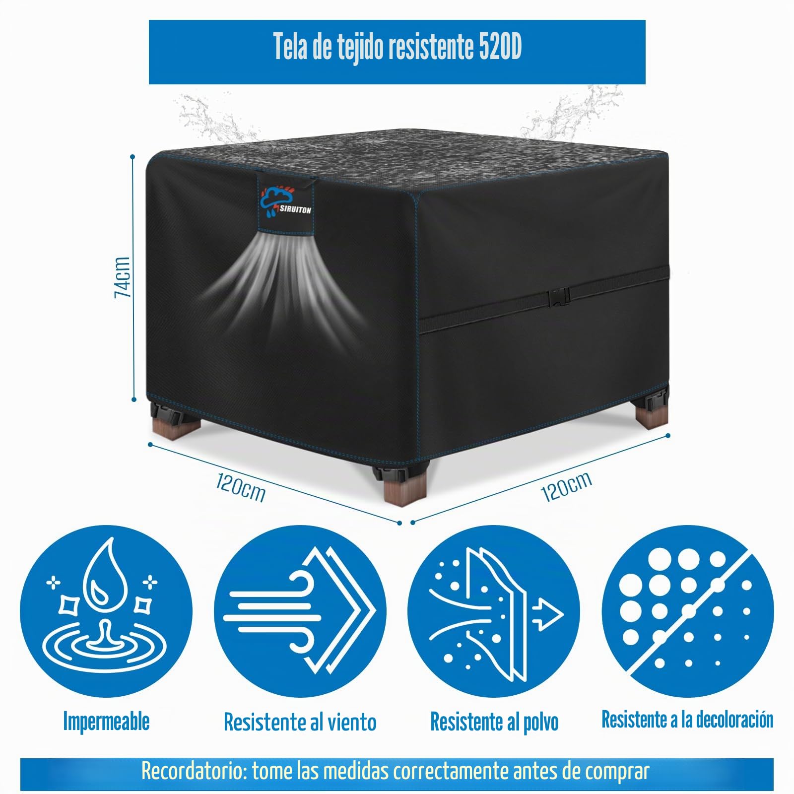 SIRUITON cubierta de muebles de patio,Funda para Muebles De Jardín,Impermeable,Resistente Al Viento,Resistente a Los Rayos UV,Cubierta De Muebles Oxford 520D para Mesa Y Sillas(120x120x74cm)