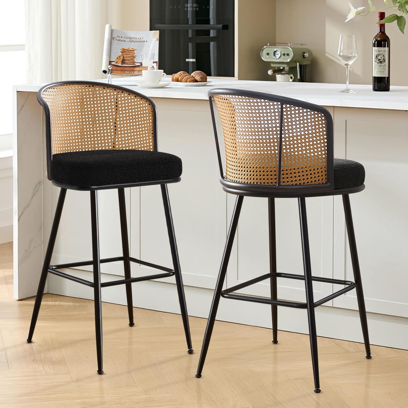 WOOW DEPOT 29" Bar Height Stools Set of 2, Rattan Bar Stools with Cane Back & Boucle Fabric Seat, Modern Farmhouse Barstools for Kitchen Island, Pub,