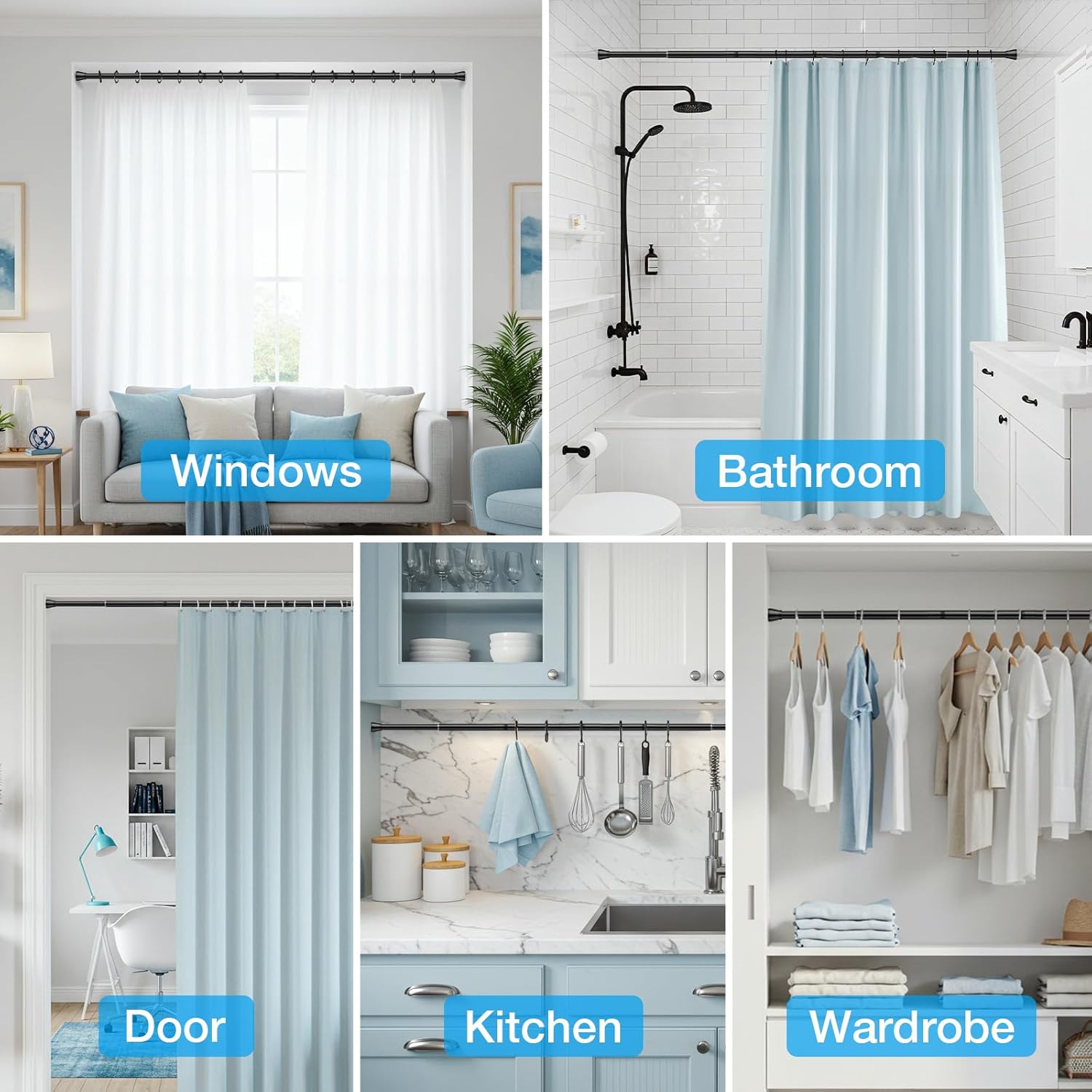 2pcs Shower Curtain Rod 44-77 inch Black Tension Rod Shower rod Non Slip Tension Curtain Rod Adjustable Curtain Rods No Drilling Shower Rods for Bathroom Windows Closet