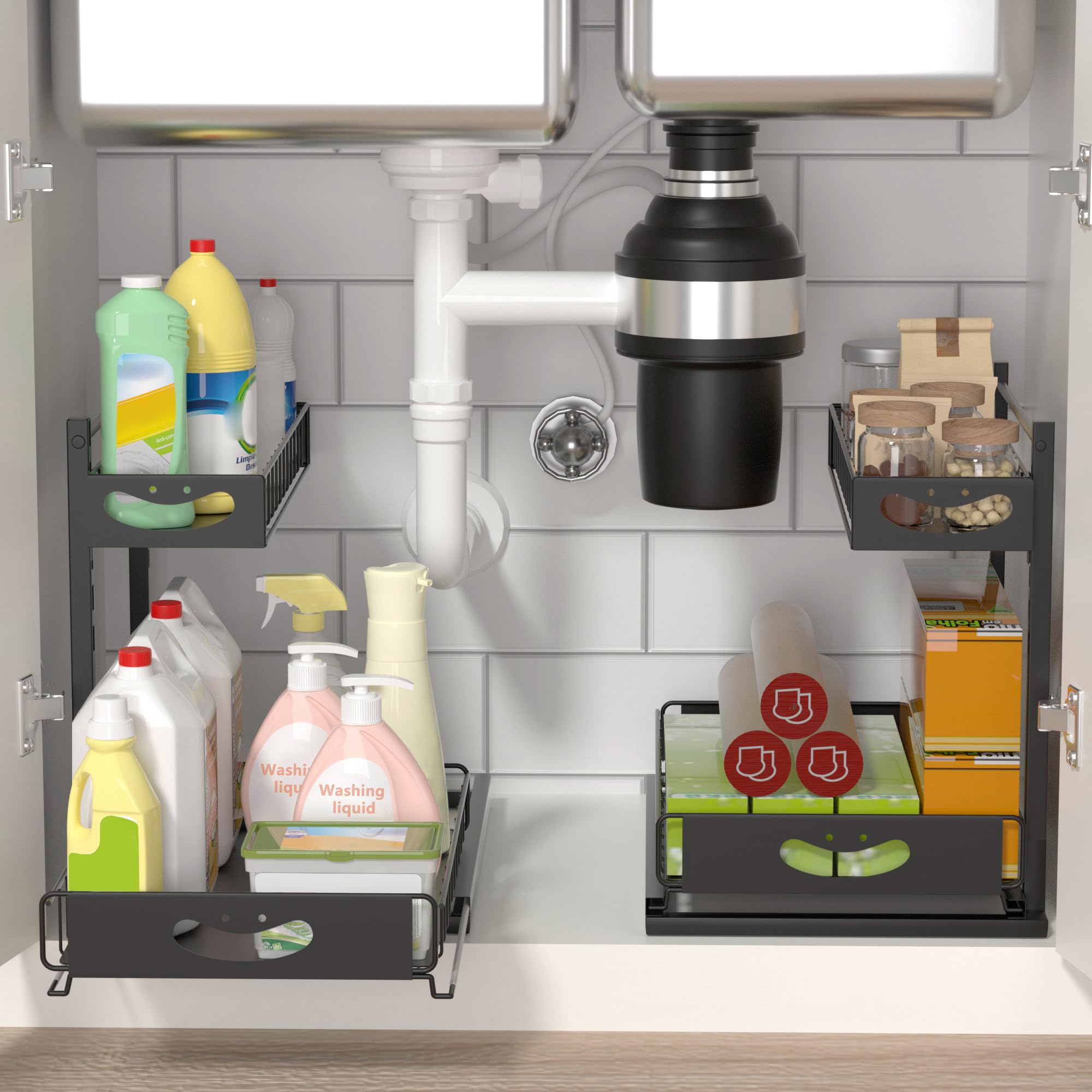 Organizzatore sotto il lavandino con cassetti estraibili, organizer per lavello da cucina, organizer e portaoggetti da bagno a 2 livelli, set di accessori da bagno, nero, confezione da 1
