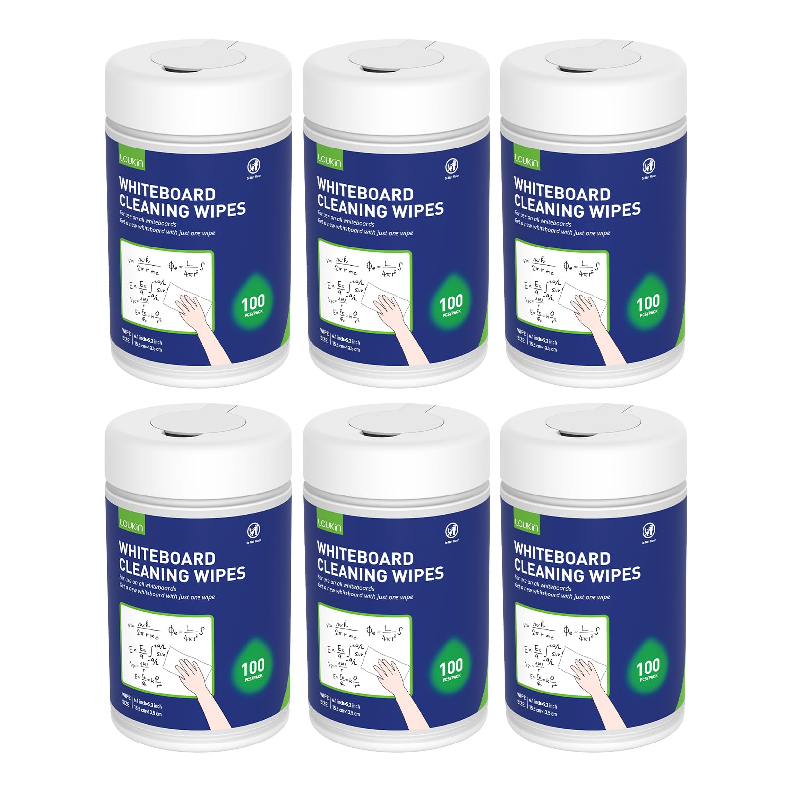 Loukin Whiteboard Cleaning Wipes, Dry Erase Board Cleaning Wipes, Non-toxic White board Wipes, 100 Wipes per Canister, 6 Pack