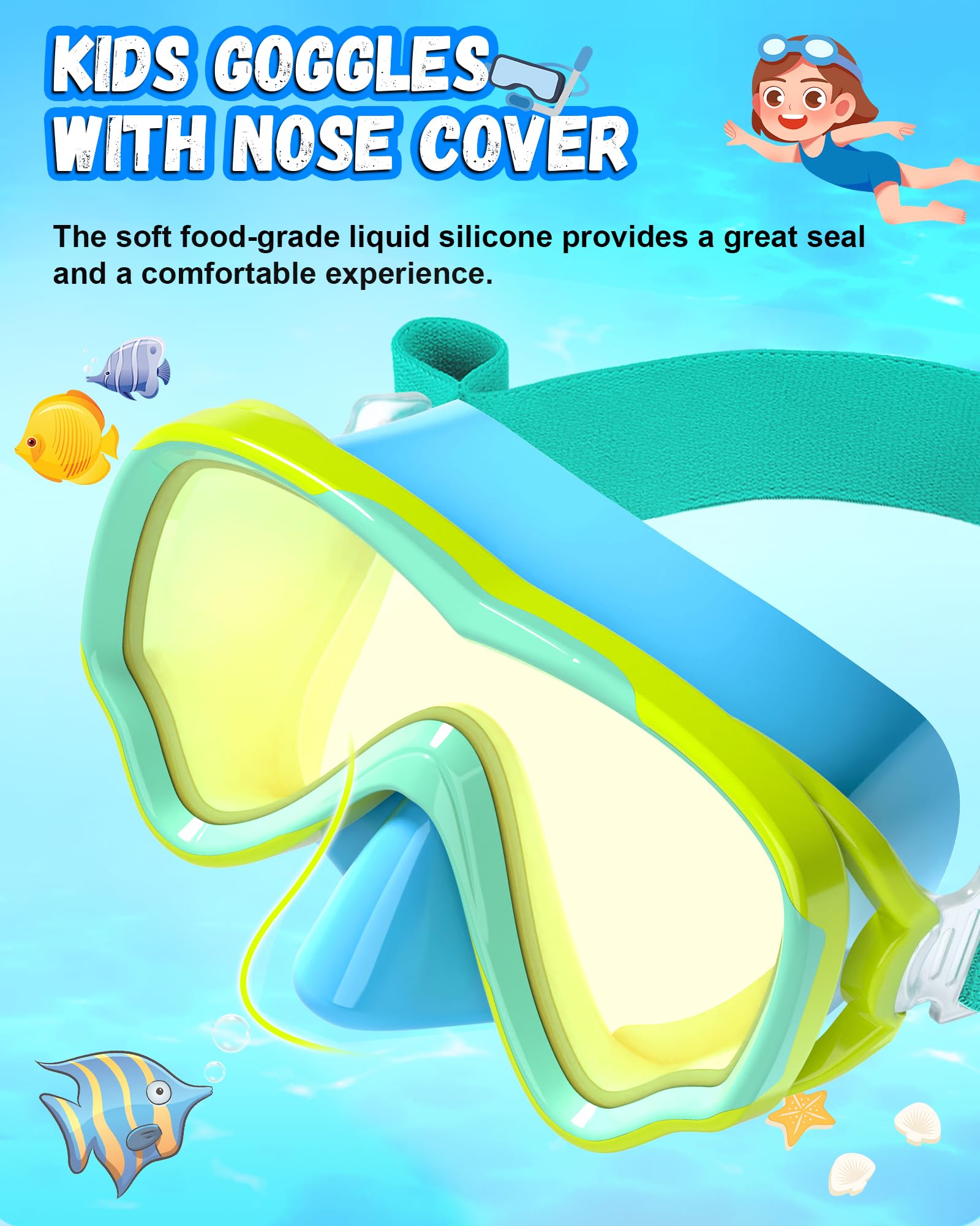 ITOWE Kids Swimming Goggles with Fabric Strap, Toddler Swim Goggles with Nose Cover for Kids 6-14 4-7 8-12 3-5 Boys Girls Youth, UV Protection No Leak Anti Fog Clear Vision Pool Elastic Strap Goggles