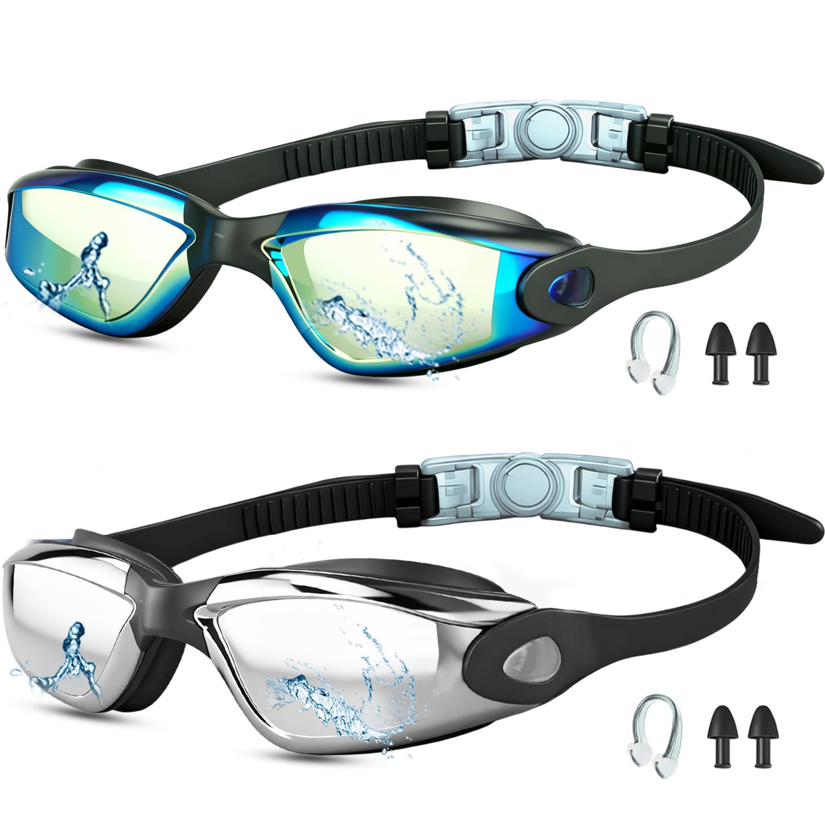 Moseem Swimming Goggles,2 Pack Goggles Kids 6-14 for Adult Men Women Youth, Swim Goggles with UV Protection,Anti-Fog,Clear Vision,No Leaking(B)
