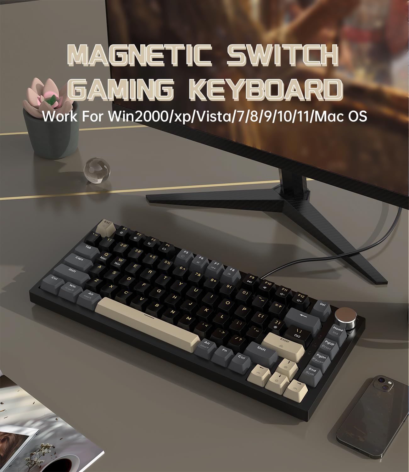 LexonElec x ATTACK SHARK K85 Przełącznik Magnetyczny 75% Klawiatura Mechaniczna, Rapid Trigger, DKS/MT/TGL, LIGHTSYNC RGB, QWERTY, TKL Przewodowa Klawiatura do Gier Gasket z Knob do Win/Mac-Czarny