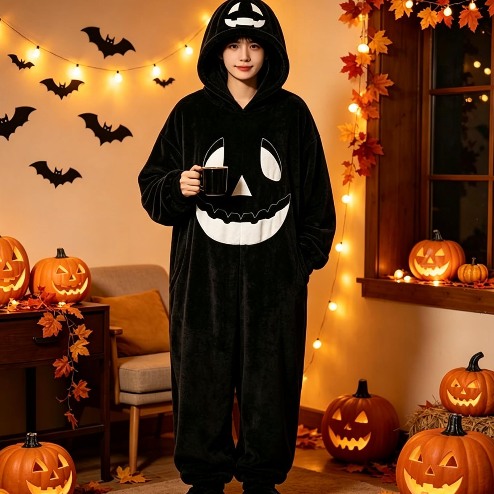Pigiama Halloween con Cappuccio per Adulti | Indumenti da notte in pile zucca, tuta da salotto accogliente, abito fotografico autunnale, rilassante