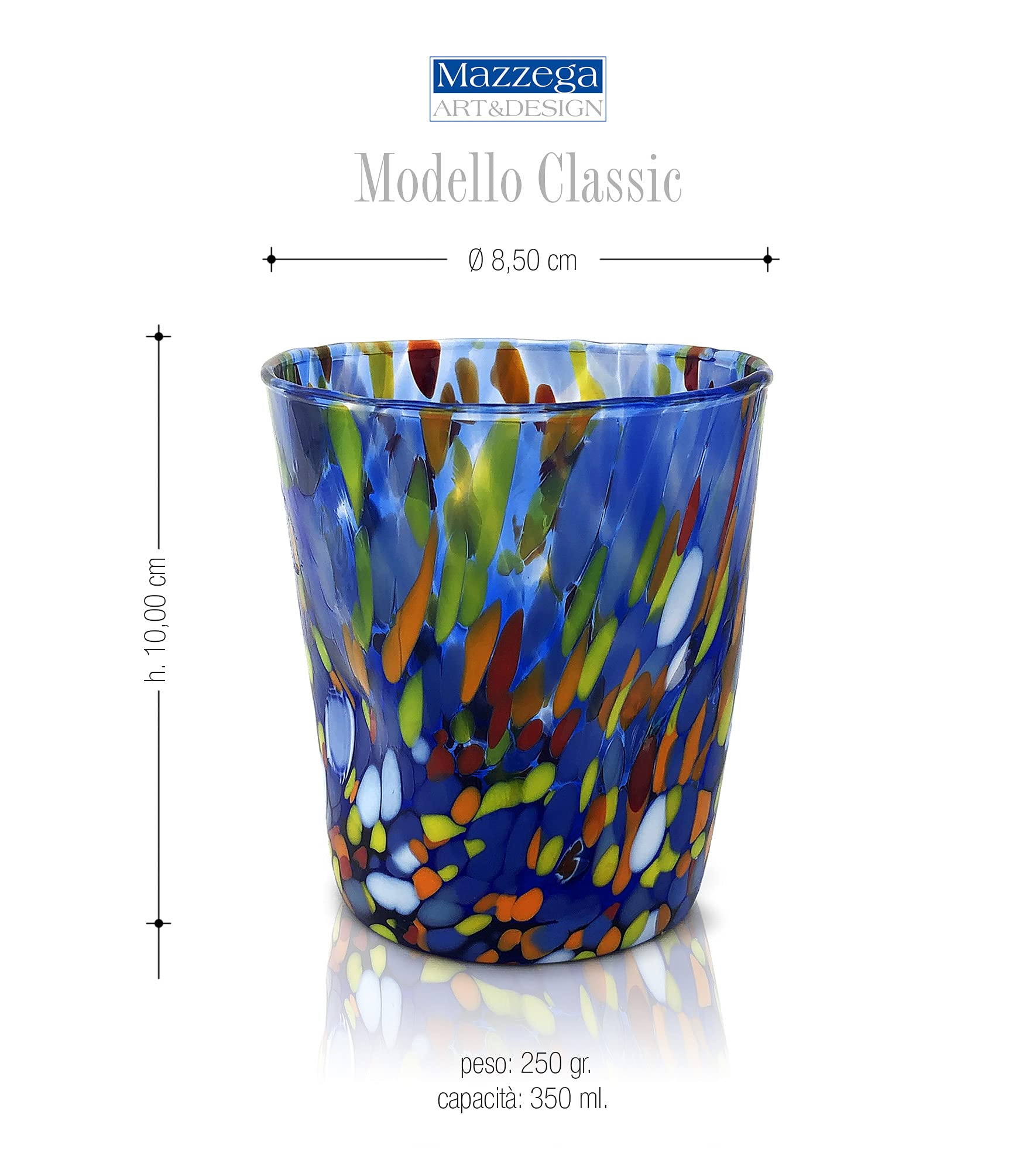 MAZZEGA ART & DESIGN - 6 vasos Goto Tumbler de vidrio soplados y hechos a mano con murrina Murano refinados y originales - Los colores de Murano - Modelo "Tumbler 350 ml. Made in Italy