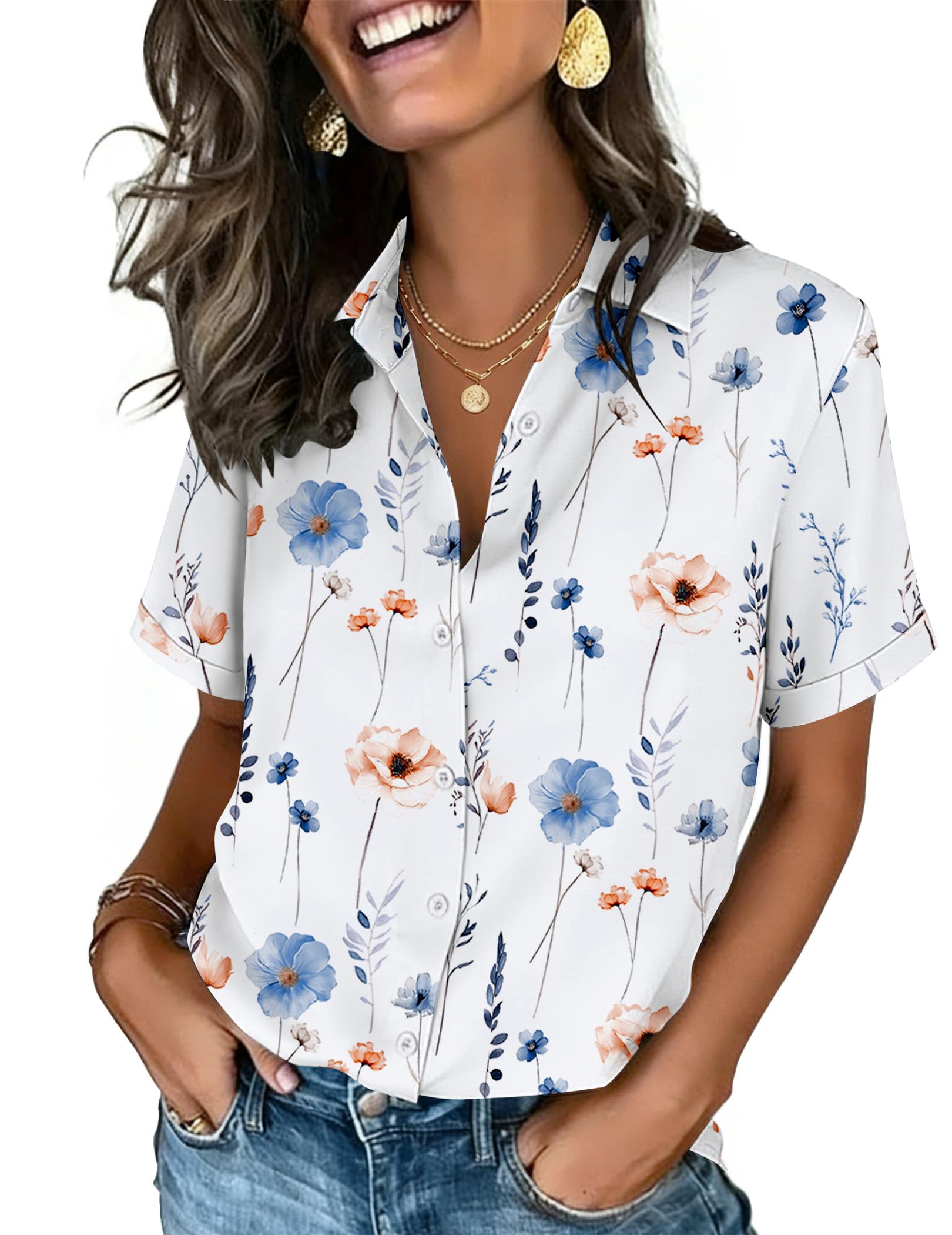 Zeagoo Women Blouses Short Sleeve Button Down Shirts Spring Cute Summer Tops Dressy Casual V Neck Floral Clothes