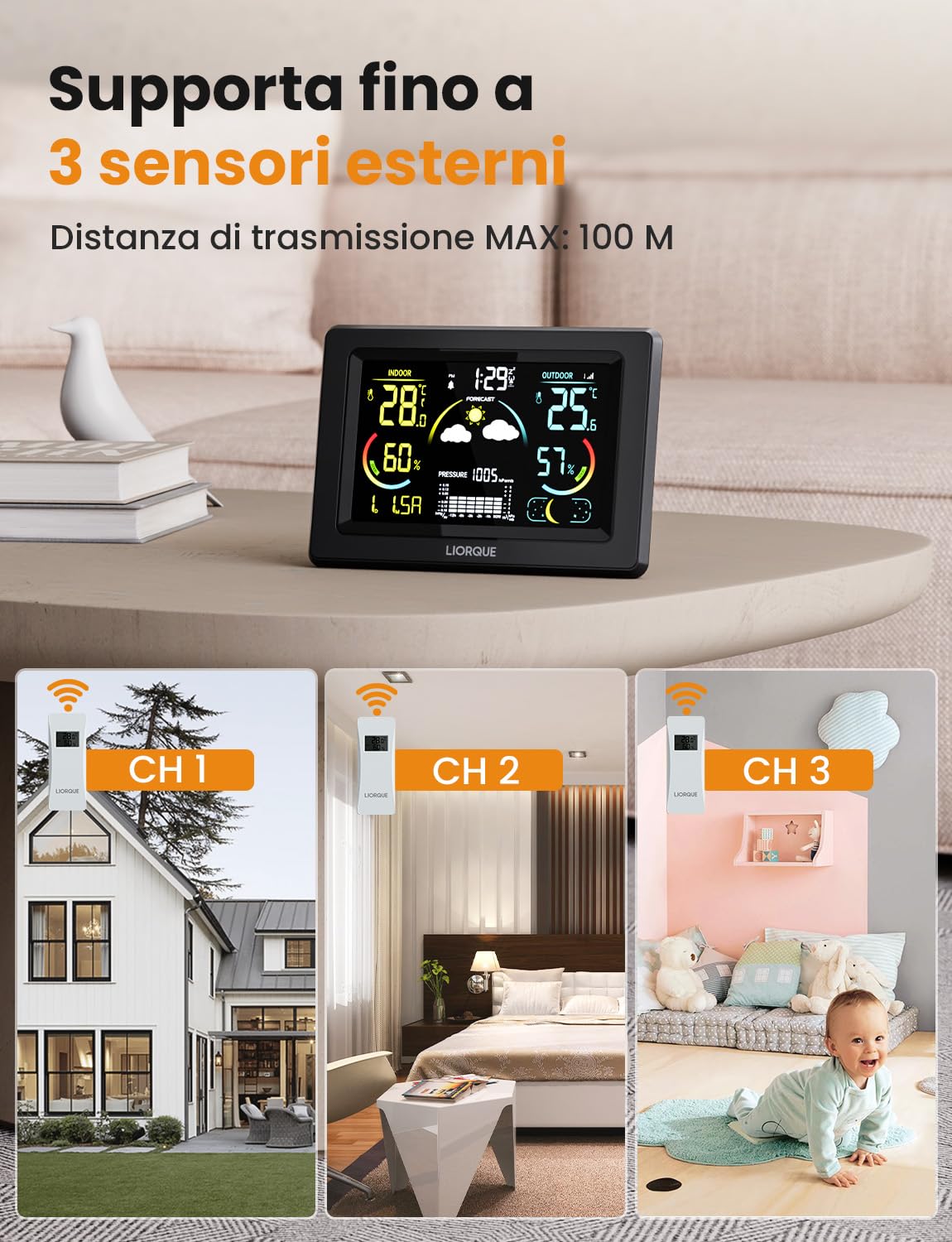 LIORQUE Stazione Meteo con Sensore Esterno, Display a colori LCD VA, Stazione Meteo con Sveglia, Fase Lunare, Previsioni Meteo, Data,Retroilluminazione Regolabile, Igrometro