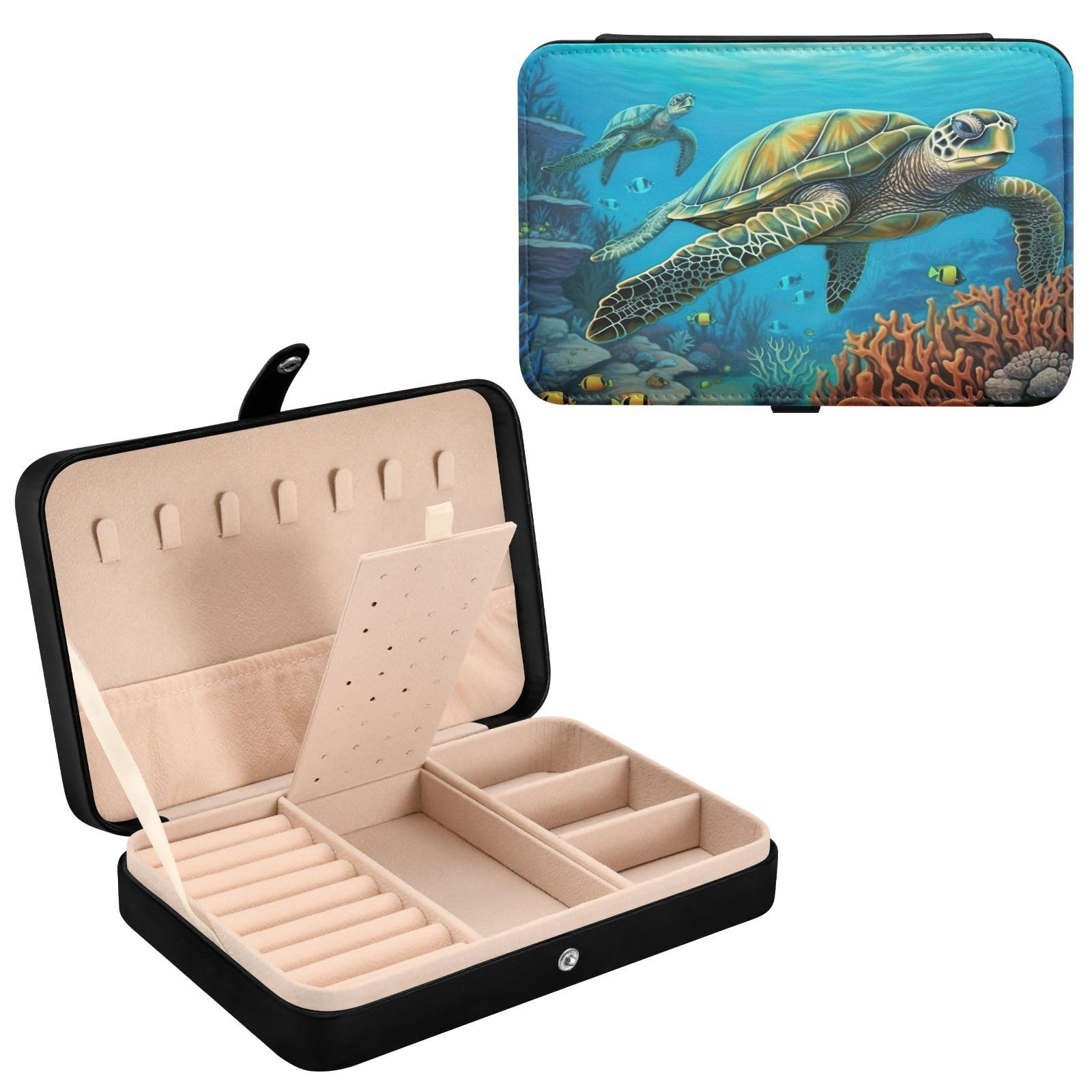 Haskirky Sea Turtle Jewelry Box Portable PU Leather Travel Jewelry Organize for Women Jewelry Storage Display Holder for Ring, Necklace, Earring