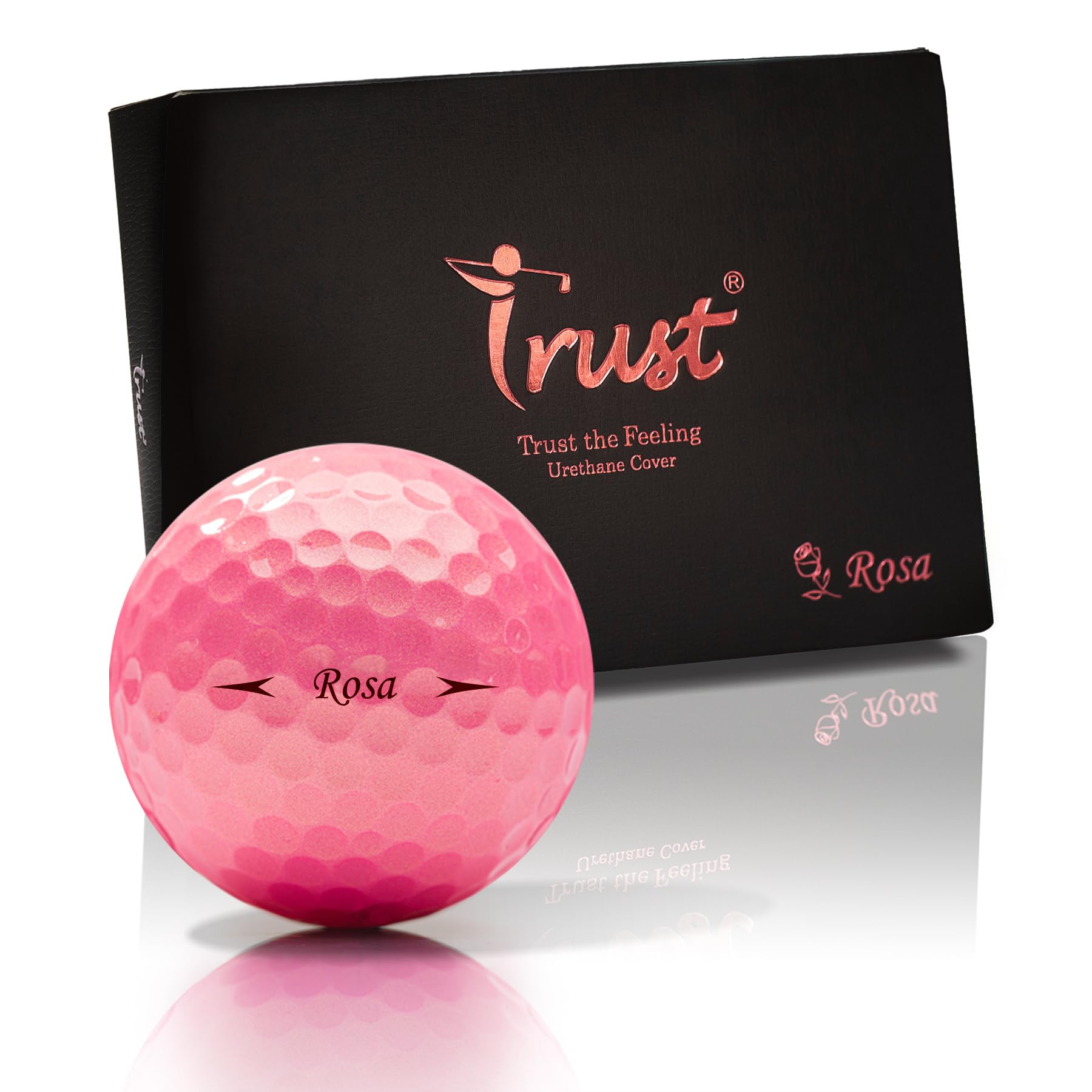 Trust Golfbälle Rosa - In einzigartigem Pink, fliegen weit und gerade, stoppen zuverlässig, mit Urethanhülle, 3-teiliger dynamischer Kern, weiches Schlaggefühl, 12 Bälle in Roségold