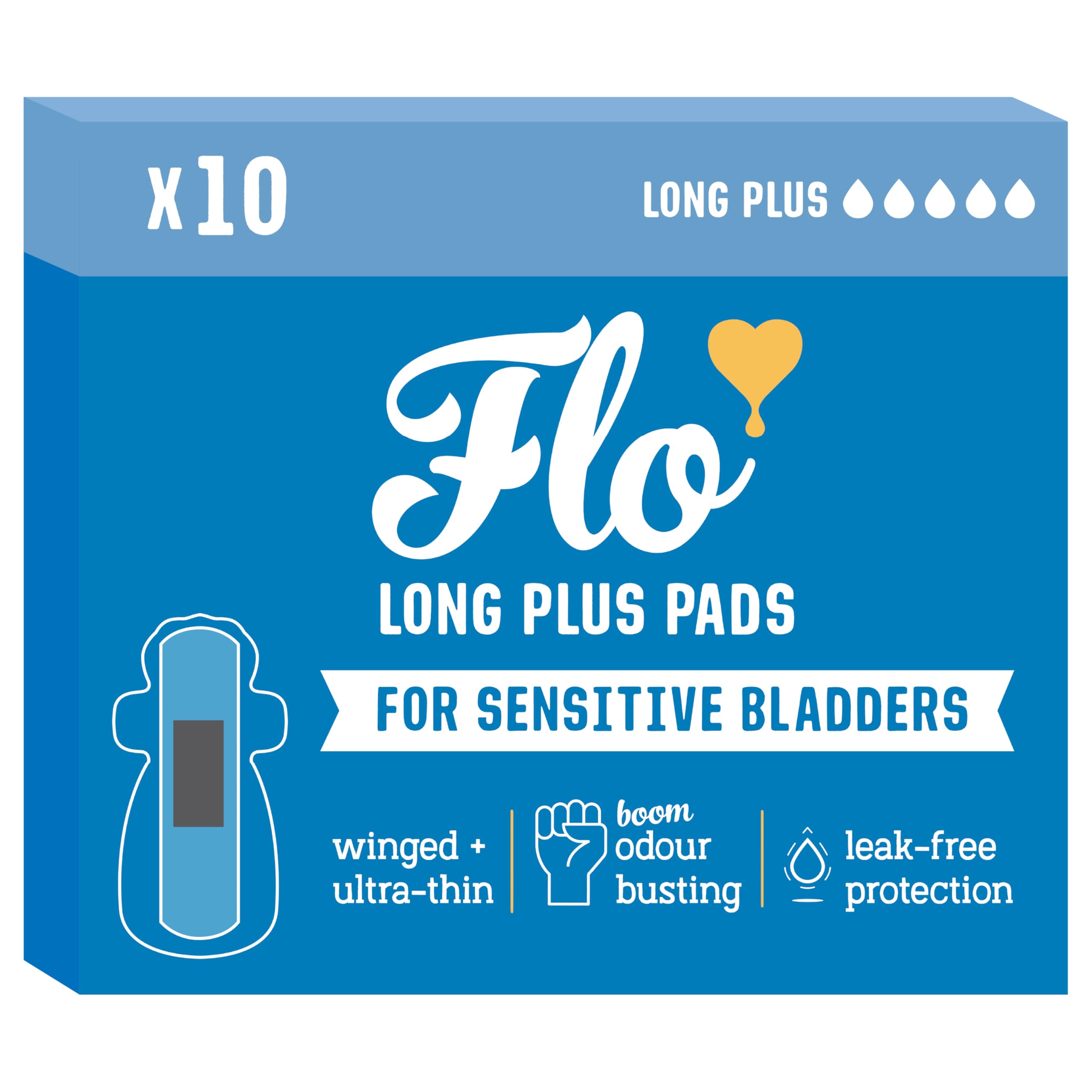 Flo Sensitive Bladder Bamboo Long Plus Pads with Wings – Discreet, Ultra-Thin, Hypoallergenic - Odour Control - 10 Pads