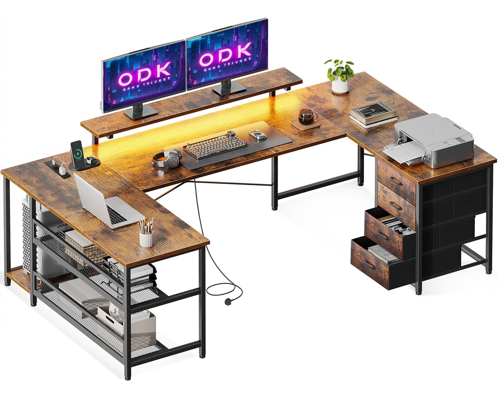 ODK Escritorio con Cajones, Escritorio Esquinero Reversible con Regleta, Escritorio Gaming con LED y Soporte para Monitor para Oficina en Casa, 167×102 cm, Madera Vintage