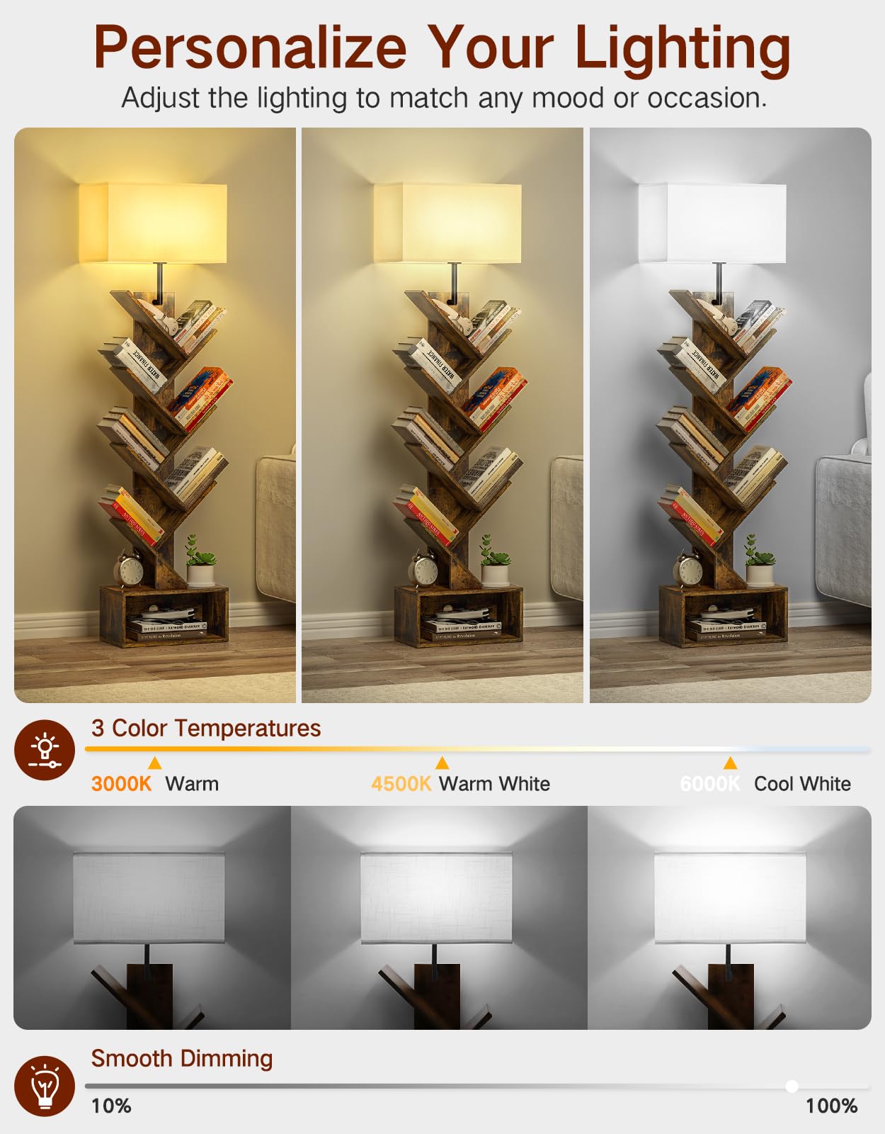 Pequeña Librería en Forma de Árbol con Luz, Estantería de 6 Niveles con Mando a Distancia y Temporizador, Estante Esquinero para Libros, CD, para Salón, Dormitorio, Oficina(Rustic Brown)
