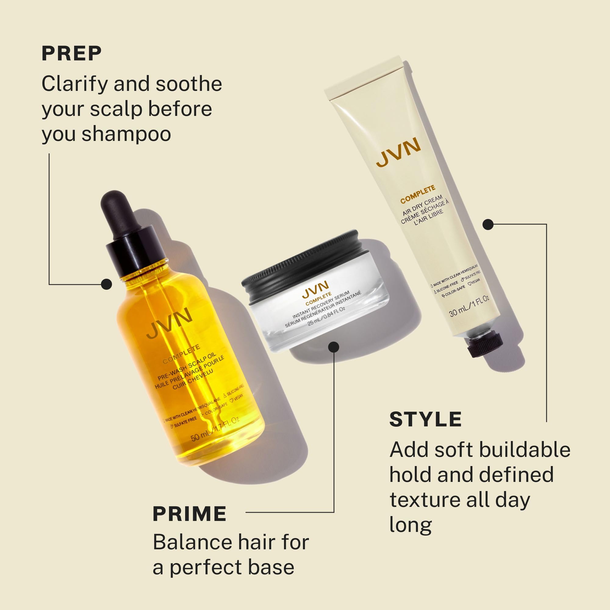 JVN Trusted Trio Essentials Set Travel, Mini Complete Size Air Dry Cream, Full Size Complete Pre-Wash Scalp Treatment Oil - Image 2