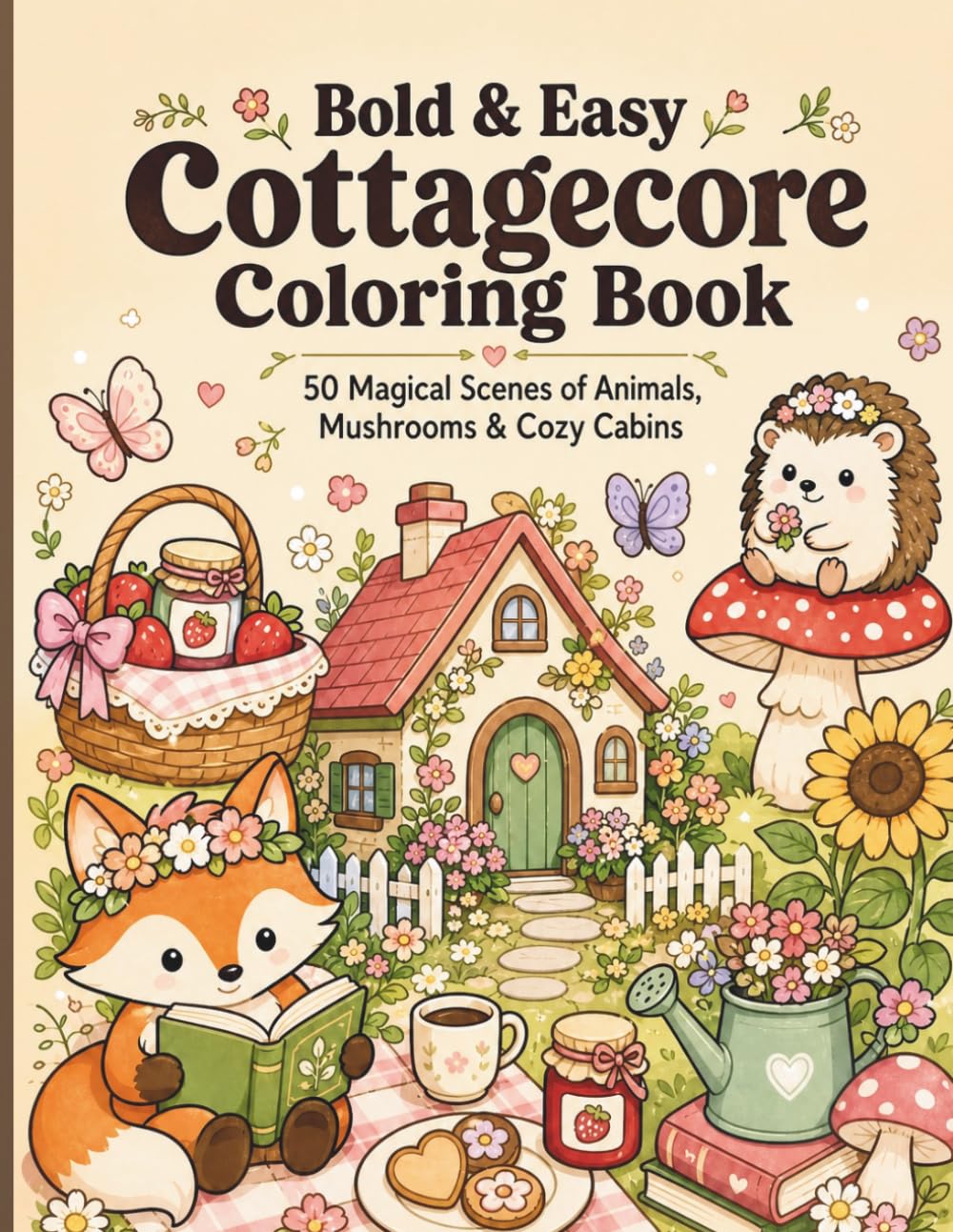 Bold & Easy Cottagecore Coloring Book: 50 Magical Scenes of Animals, Mushrooms & Cozy Cabins