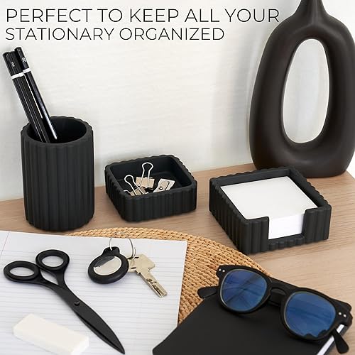 Miniatura 3 de KIBAGA Juego de 3 accesorios de escritorio estéticos modernos, elegantes organizadores de hormigón para bolígrafos y suministros de oficina, una