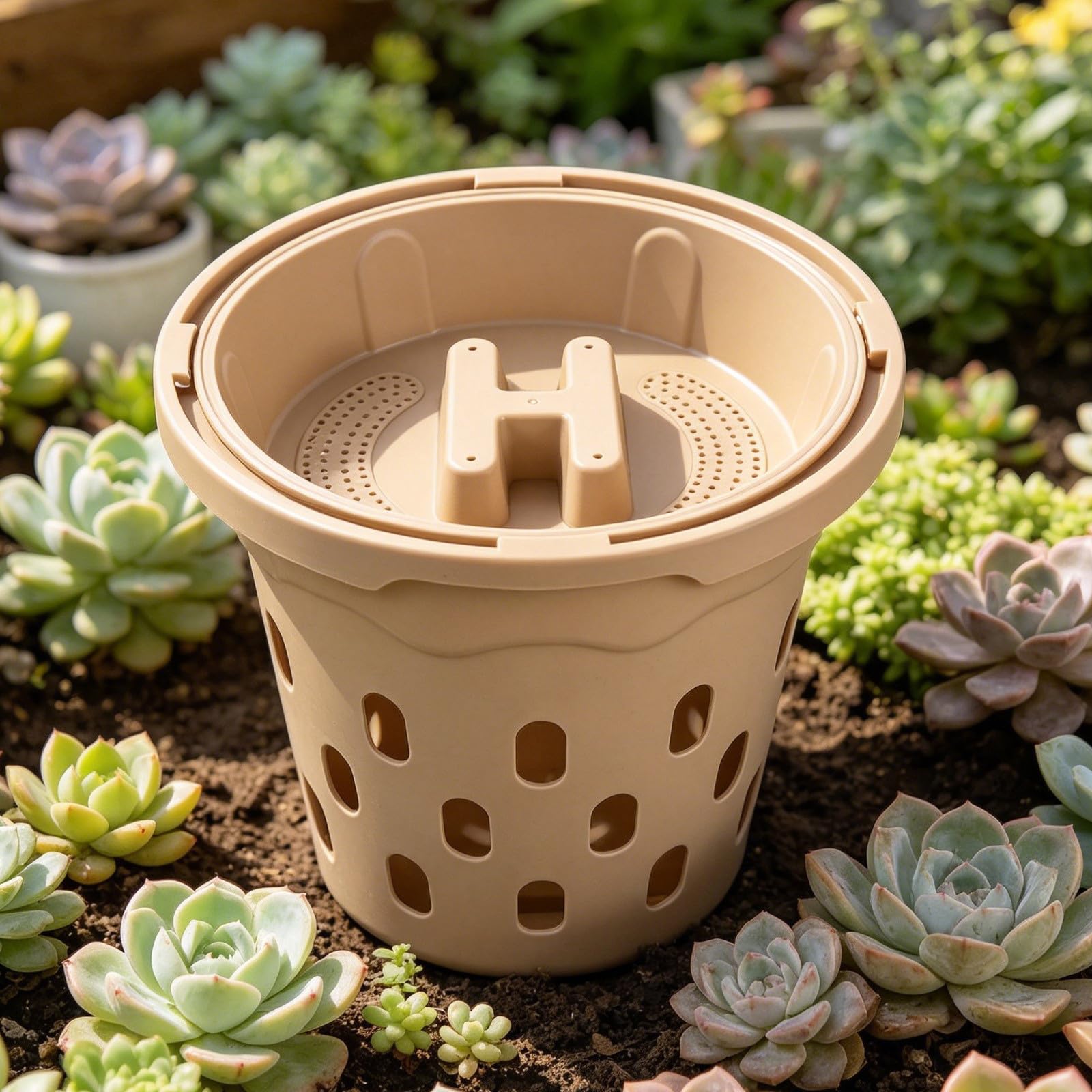 Caja de Compostaje Orgánico para Residuos de Cocina y Jardín, Plástico Beige, Mejora la Calidad del Suelo, Solución para Camas de Jardín al Aire Libre