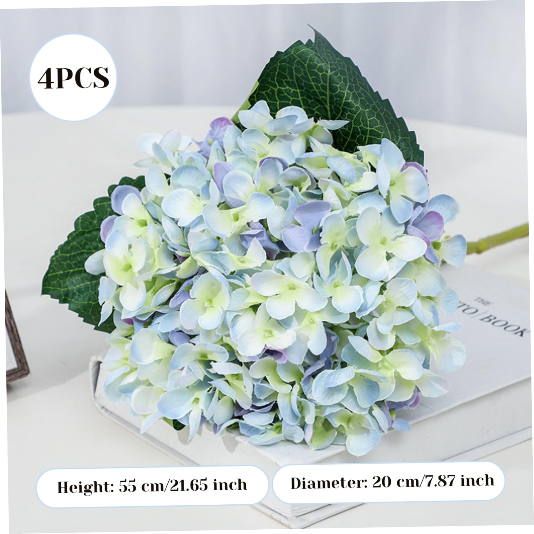 4 piezas de flores artificiales de hortensias azules, flores artificiales de hortensias de tela de 22 pulgadas con detalles exquisitos, sin riego, imitación para decoración del hogar y fotografía.