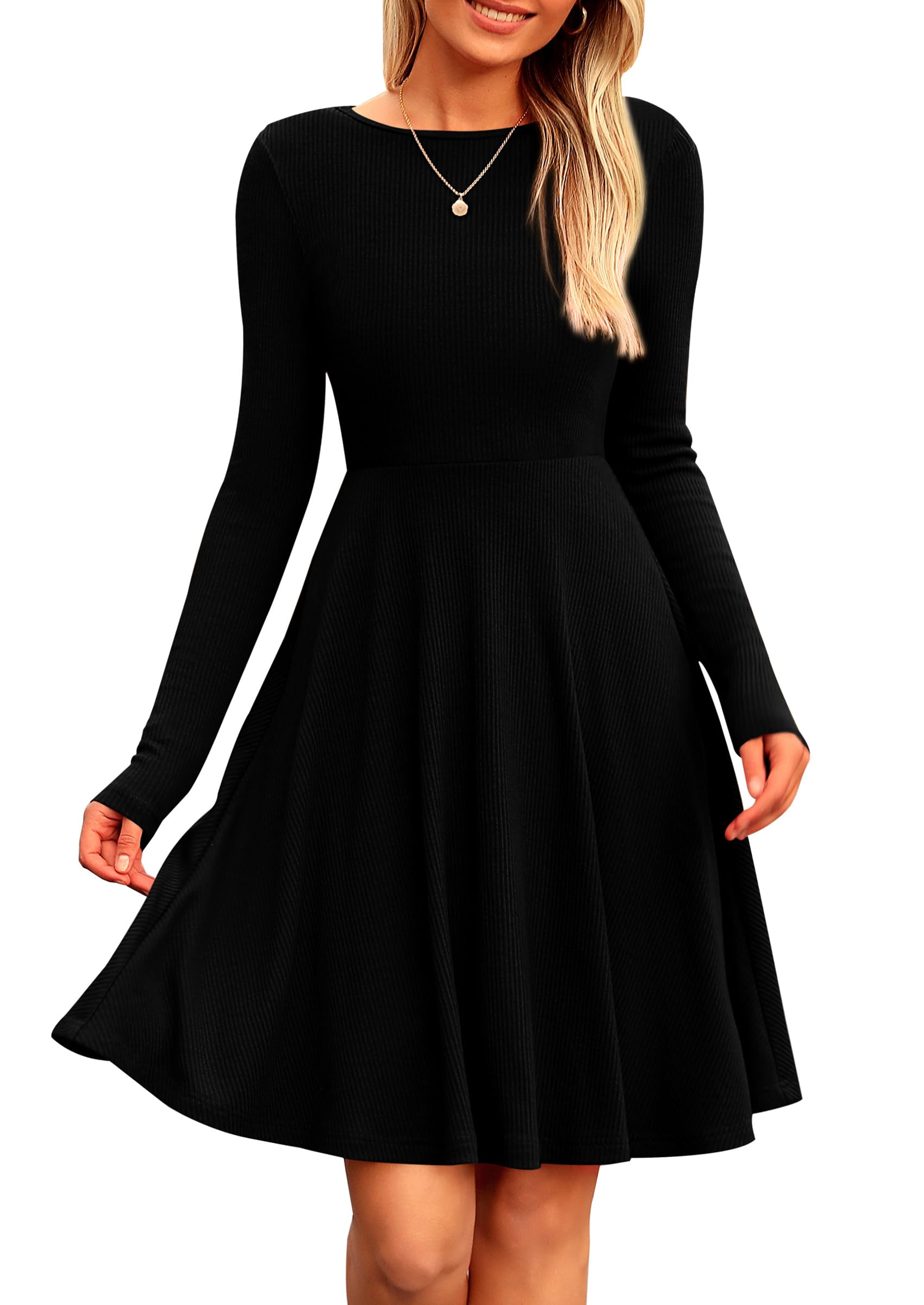 PRETTYGARDEN Women's Fall Short Dress Ribbed Knit Crewneck Long Sleeve A Line Flowy Casual Elegant Going Out Winter Dresses