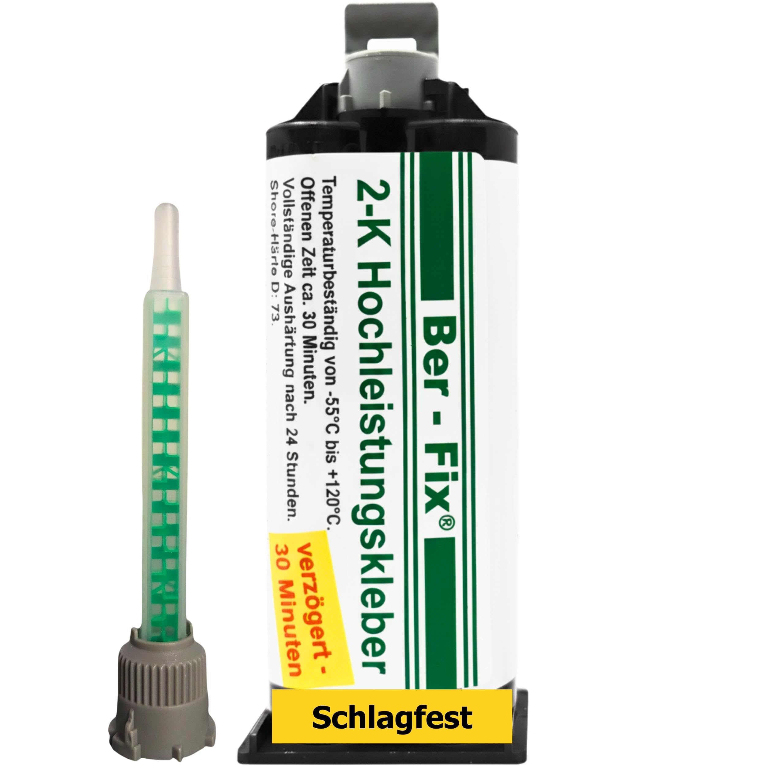 Ber-Fix 2K Hochleistungskleber 30 Min - Profi-Set (50g) | 2K-Kleber-Set mit passendem Zubehör; Mischdüsen und Pistole nach Lieferumfang klar angegeben.