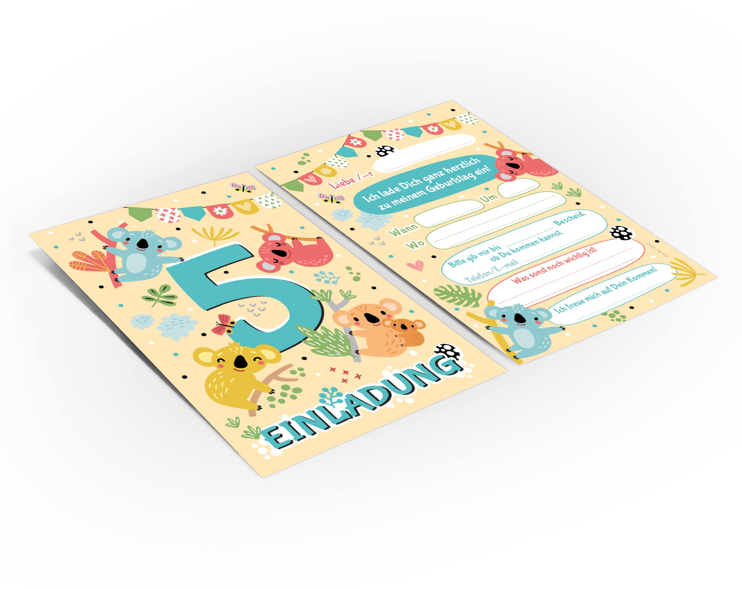 12 biglietti d'invito per il 5° compleanno dei bambini, 5° compleanno, ragazza, ragazzo, koala, incl. 12 buste, 12 sacchetti/petrolio, 12 adesivi, 12 blocchi