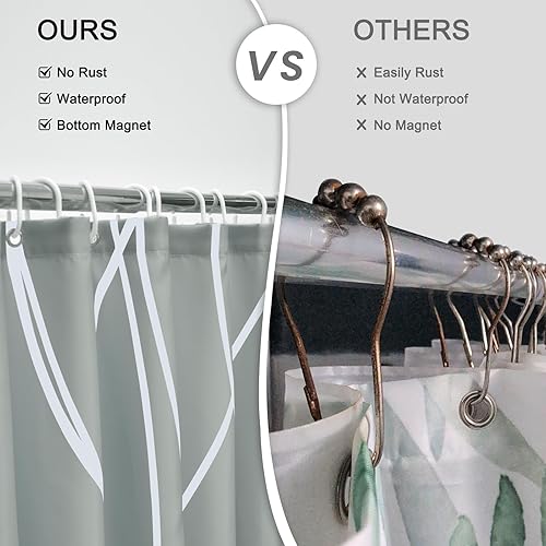 Miniatura 6 de Punkray Cortina de ducha gris claro para baño con ganchos, juego de cortinas de ducha a rayas, cortinas de baño decorativas blancas con dobladillo