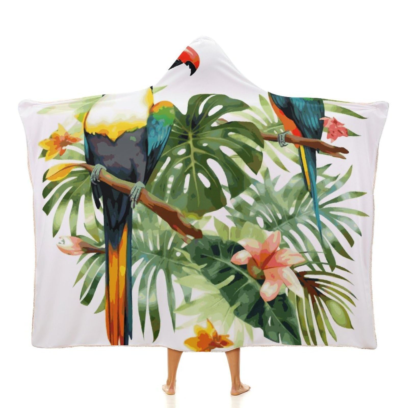 Toucans Parrot Palm Tree Leaves Hooded Blanket Soft Wearable Blankets Cozy Hoodie Throw Cloak Wrap Poncho Cape Blanket 40"x50"
