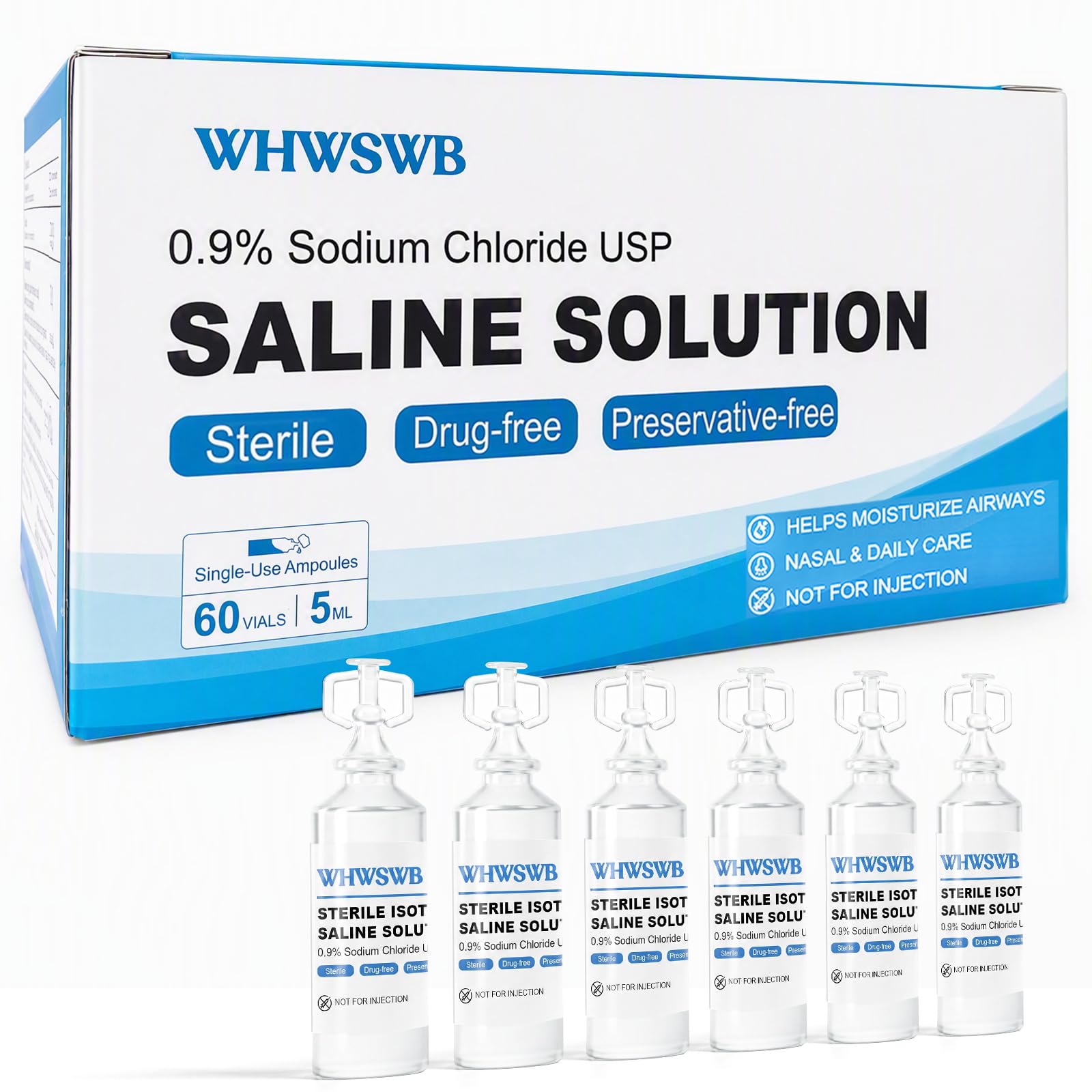 0.9% Sterile Saline Solution Single-Use Vials, 60 x 5 mL, For All Ages