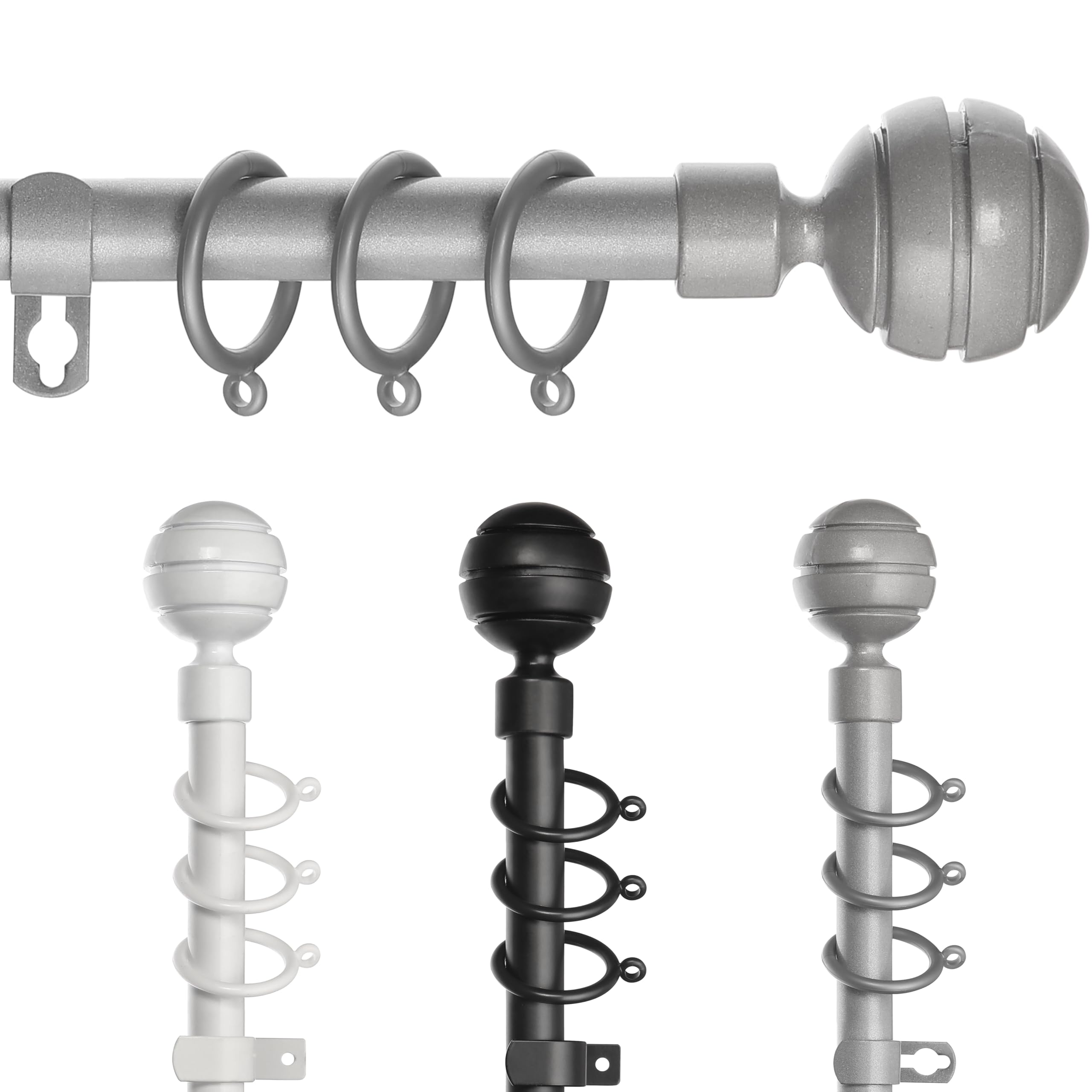 STRIPE BALL Curtain Poles for Window, Metal Extendable Curtain Poles Heavy Duty Curtain Rod Includes Finials, Rings, Brackets & Fittings Set (Silver, 160cm to 300cm)