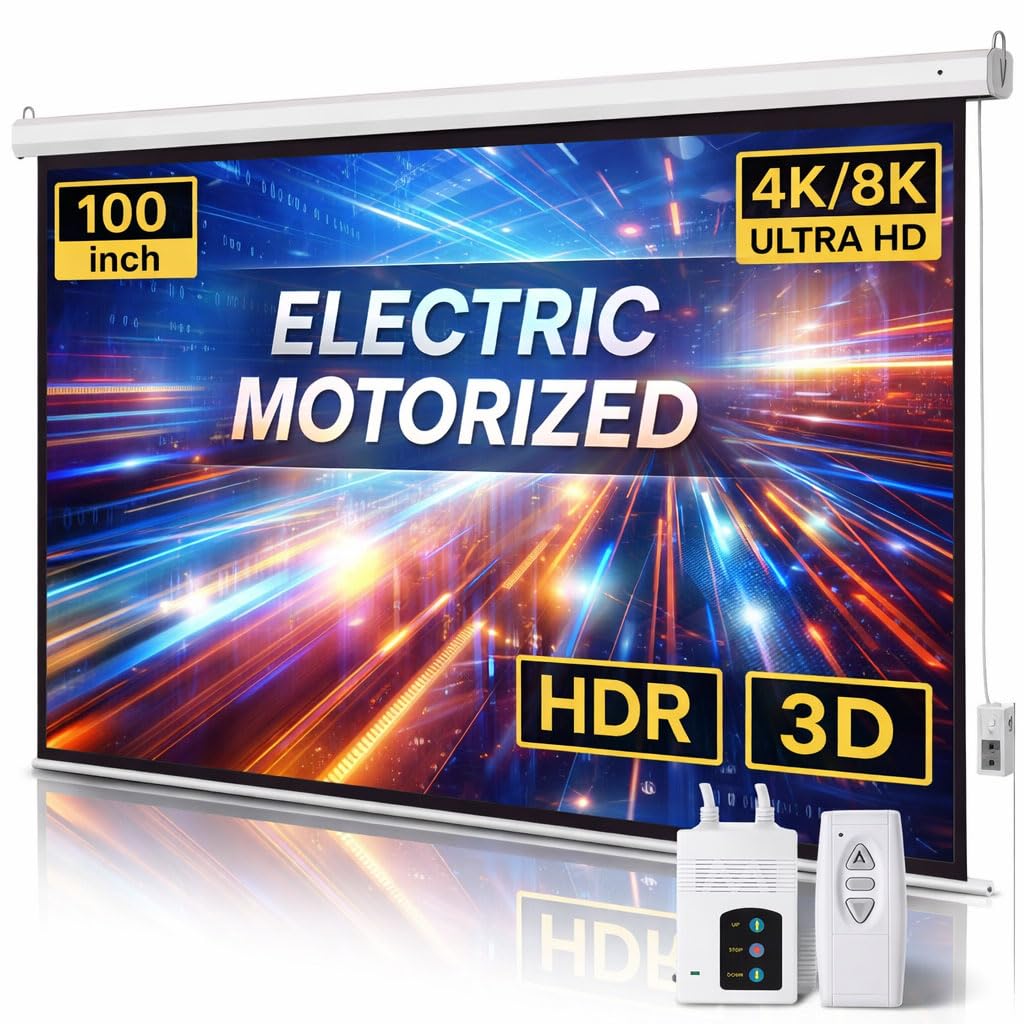 Motorized Projector Screen with Remote Control, 100 Inch 4:3 Auto-Locking Portable Projection Screen, Manual Projector Screen Pull Down for Home