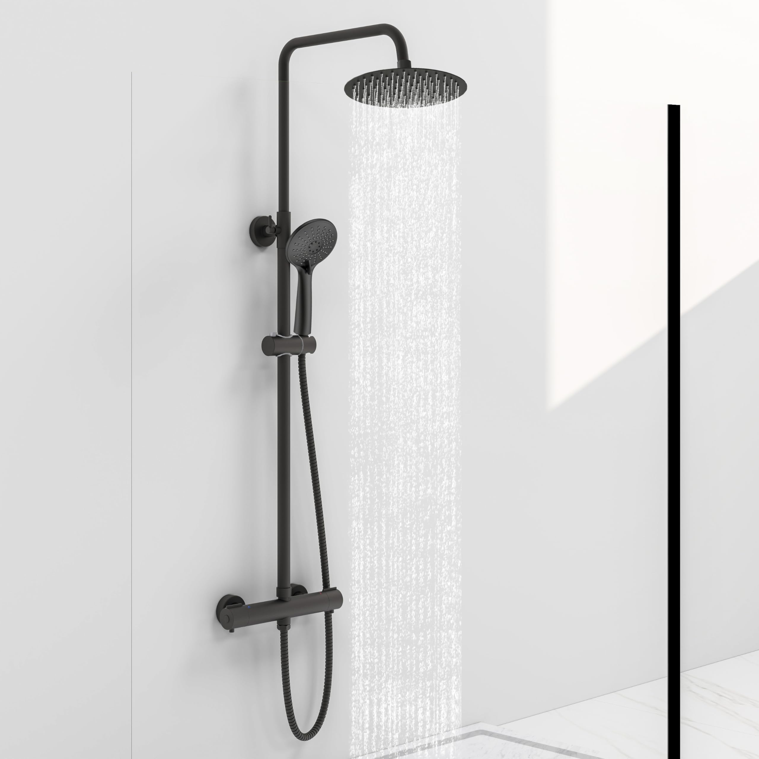 Sponsored Ad – Thermostatic Shower Mixer Set Matte Black, Round 38 °C Thermostat Shower System with 20cm Rainfall Shower Head, Handheld Shower, Anti Scald Shower Mixer Bar Kit, Adjustable Height