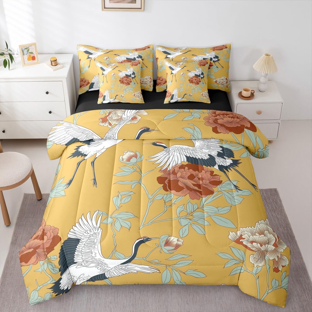 Erosebridal Red Crowned Crane Comforter Set Japanese Ukiyo-E Bed in A Bag King Size 7 Pieces Vintage Floral Bed Set Room Decor Red Leaves Branch Asian Culture Bedding with Sheets