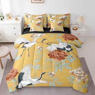 Erosebridal Red Crowned Crane Comforter Set Japanese Ukiyo-E Bed in A Bag Full Size 7 Pieces Vintage Floral Bed Set Room Decor Red Leaves Branch Asian Culture Bedding with Sheets