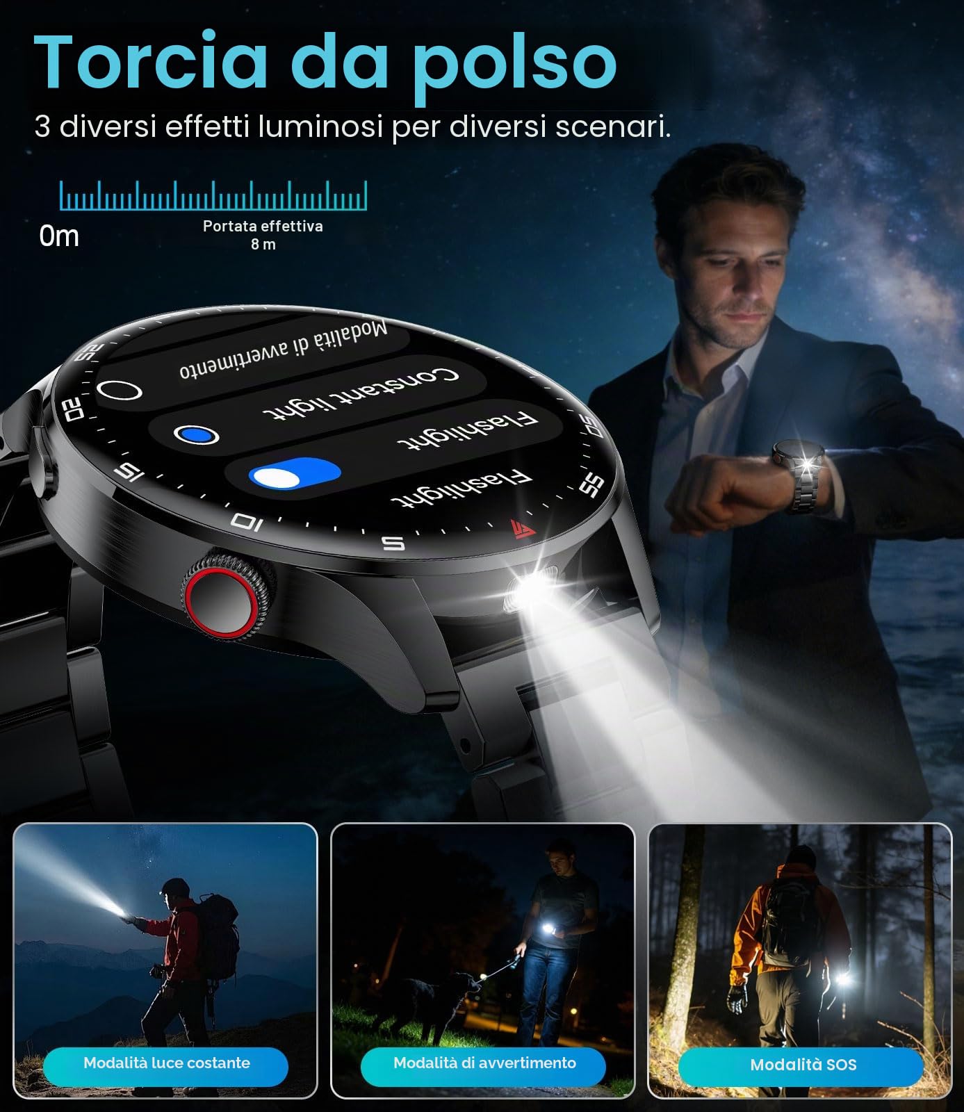 Smartwatch Uomo con Chiamate Bluetooth, 1,7" Ampio Schermo con Torcia a LED/800 mAh/Impermeabile IP68/100+ Modalità Sportive/Monitor Frequenza Cardiaca/Sonno per Android e iOS, Silicone Nero