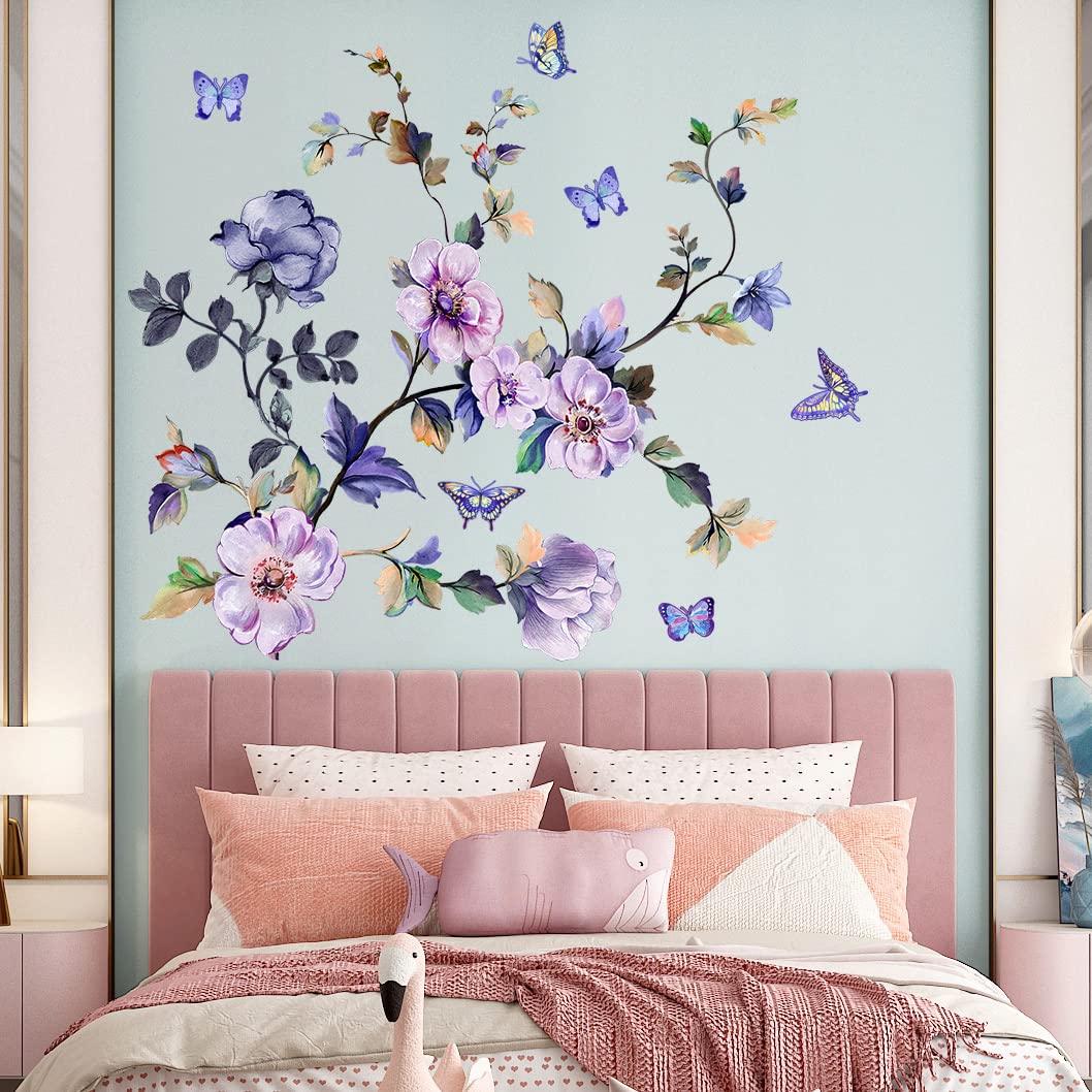 Romantico acquerello floreale decalcomania da parete bouquet viola adesivo da parete fai da te rimovibile Peel and Stick fiore arte murale per soggiorno camera da letto comodino ingresso studio