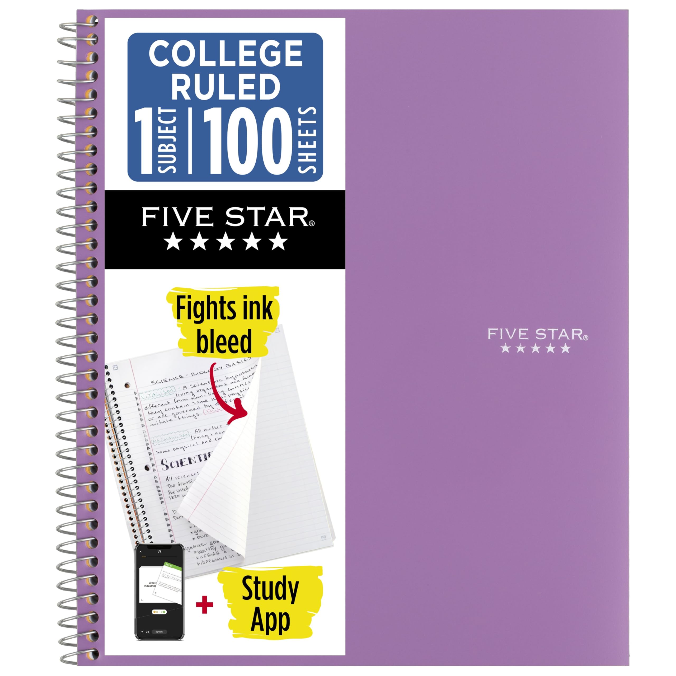 Five Star Spiral Notebook + Study App, 1 Subject, College Ruled 8.5" x 11" Paper, 100 Sheets, Purple (820002CF1)
