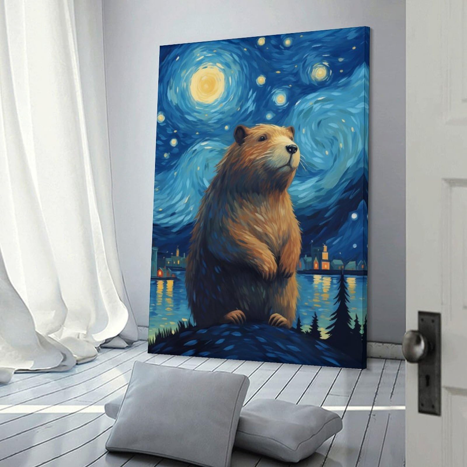 Junmoney Frame-Starry Night Capybara Canvas Wall Art Starry Night Capybara, 12X18inch(30X45cm), For New Homes, Bedrooms Or Workspaces, Canvas Artwork With Gifting Potential
