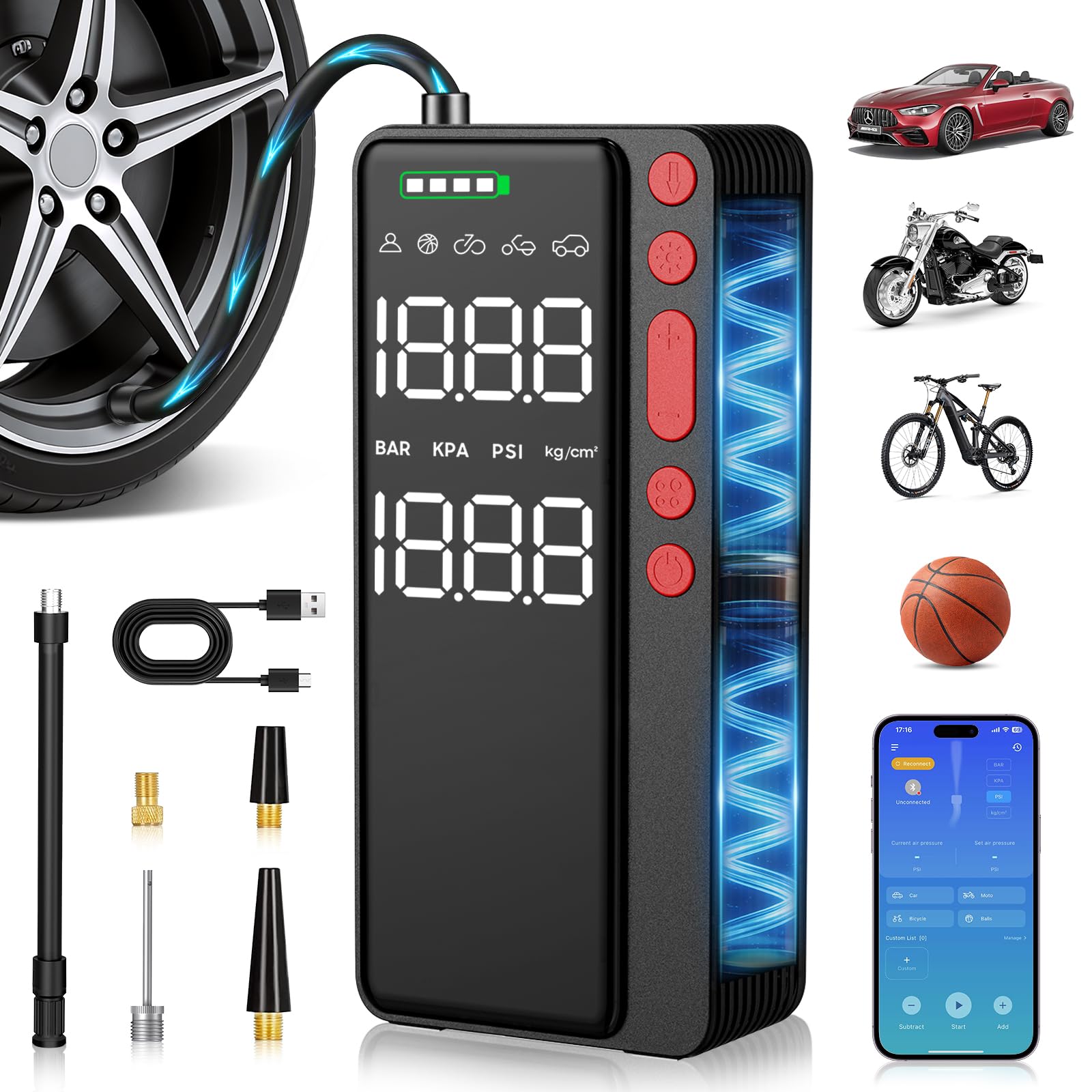 MATULSA Inflador de neumáticos, compresor de aire portátil, 10000 mAh y 150 PSI Smart App, bomba de aire inalámbrica para neumáticos de coche, almacenamiento de accesorios integrado, bomba de