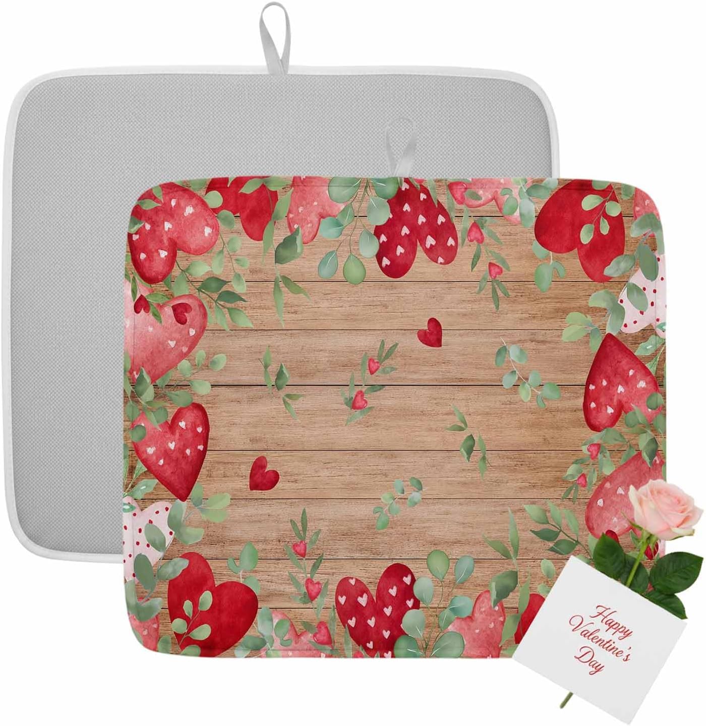 Valentine's Day Dish Drying Mat 2 Pack, Watercolor Red Pink Dots Love Heart Leaves Brown Wood Grain Absorbent Heat Insulating Kitchen Drying Pad Drainer Mats for Sink Counter Pot Dishes 18 X 24 Inch