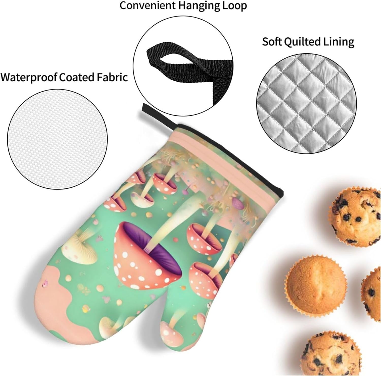 Dream Mushroom Oven gloves and heat-resistant mat 4-piece set. Suitable for grilling, microwave oven frying, and baking