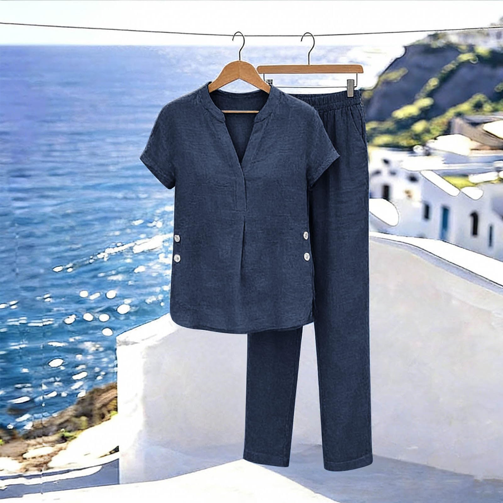 Damen Leinen Hosenanzug Sommer Atmungsaktive Leinen Bluse und Lange Weite Hose, Linen Set Hausanzug Kuschelig 2 Teiler Einfarbig Sport Outfit Lounge Set Hosenanzug Elegant 2 Teilig Große Größen