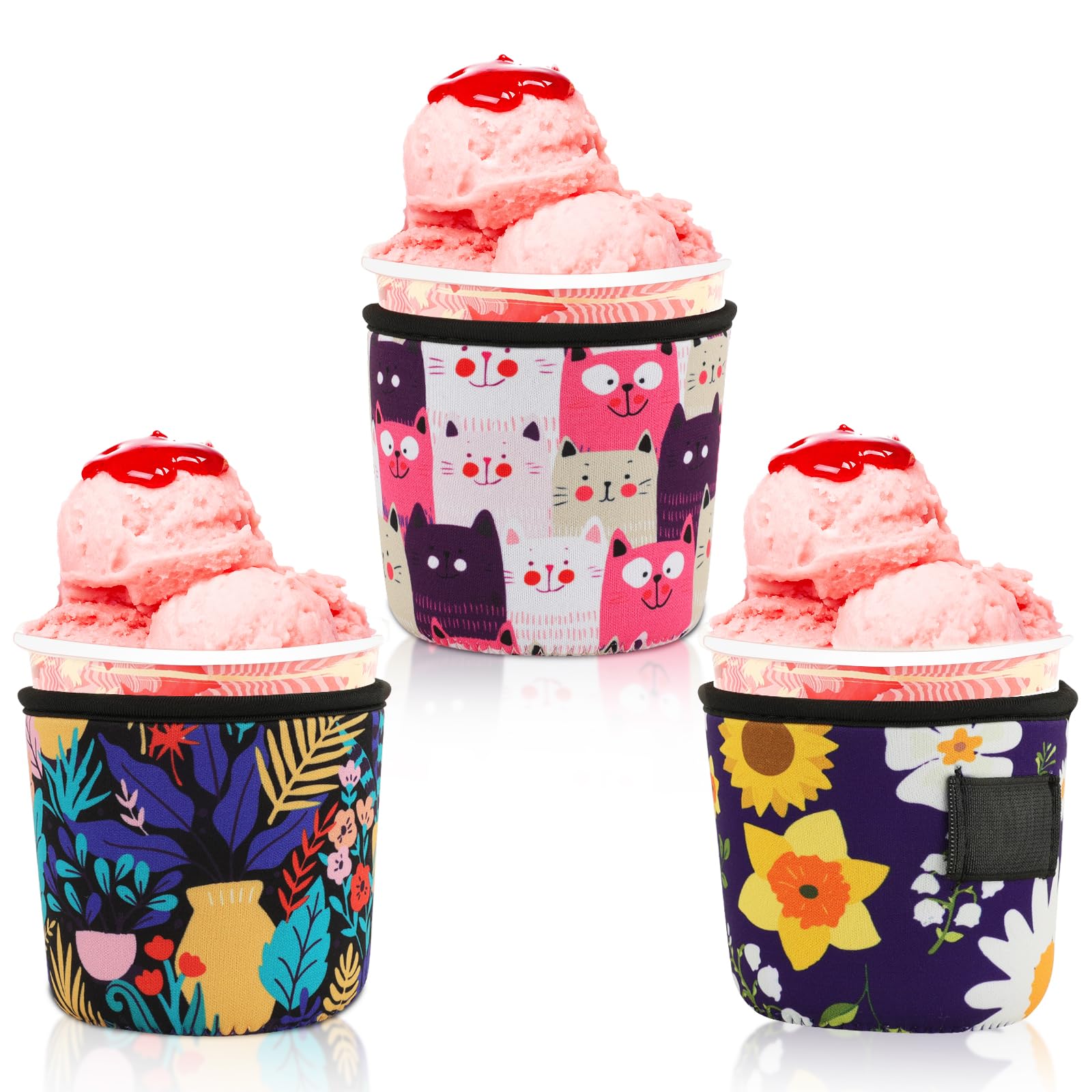 Desing Wish 3 PCS Ice Cream Tapered Pint Sleeves with Spoon Holder Insulated Neoprene Ice Cream Cooler Sleeve Holder Protective Cover for 16 oz Pint Sized Ice Creams - Cat/Sunflower/Vase