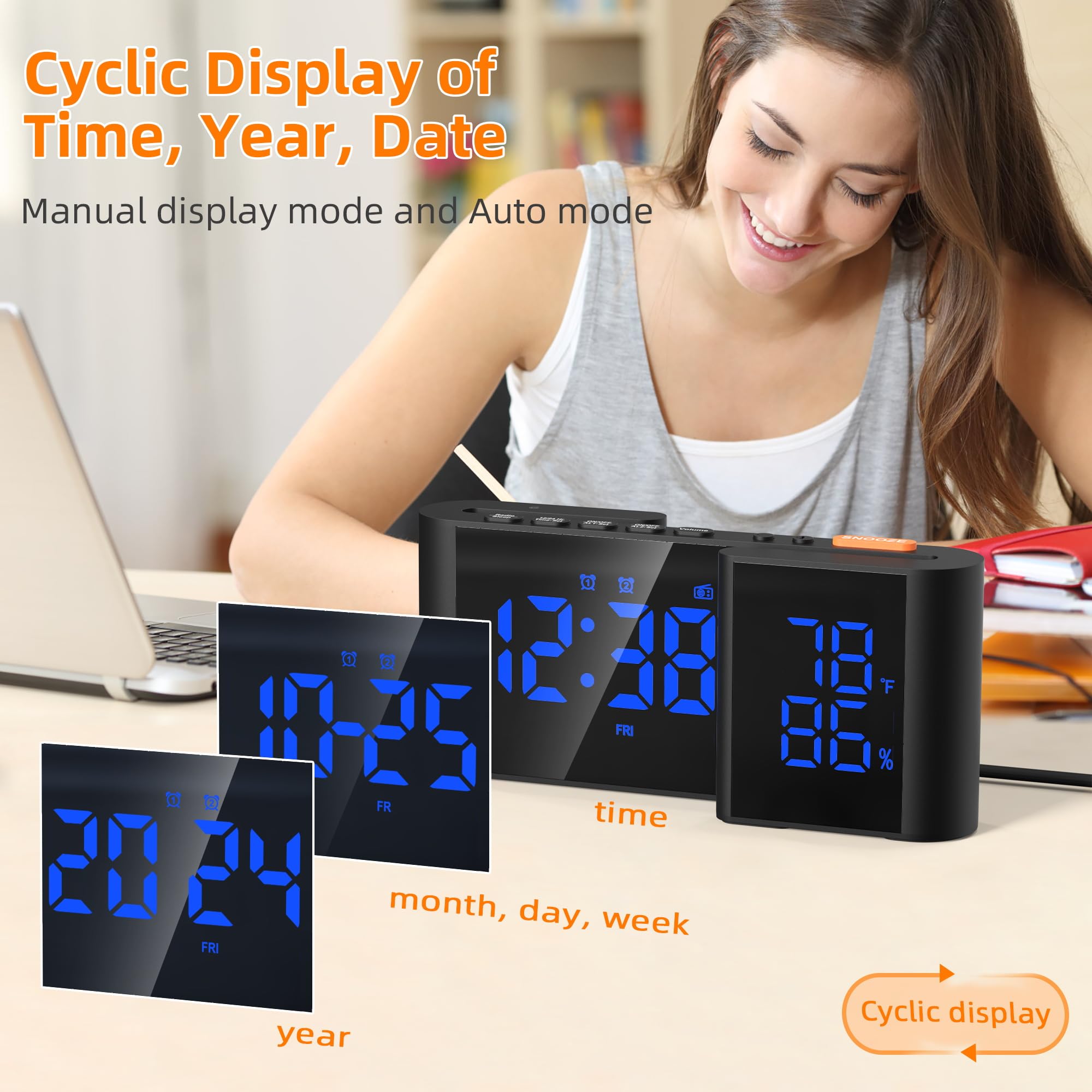 Digitaler Radiowecker 6'' Spiegel LED Uhr mit Luftfeuchtigkeit und Temperatur Duale Alarmeinstellung 15 Stufen einstellbare Lautstärke Schwarz-Blau