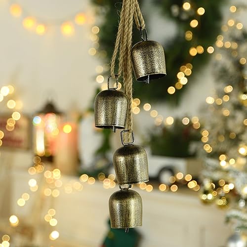 Campanas de Navidad, campanas doradas de metal para colgar con cuerda de yute, campanas de Navidad para decoración, campanas vintage ideales para