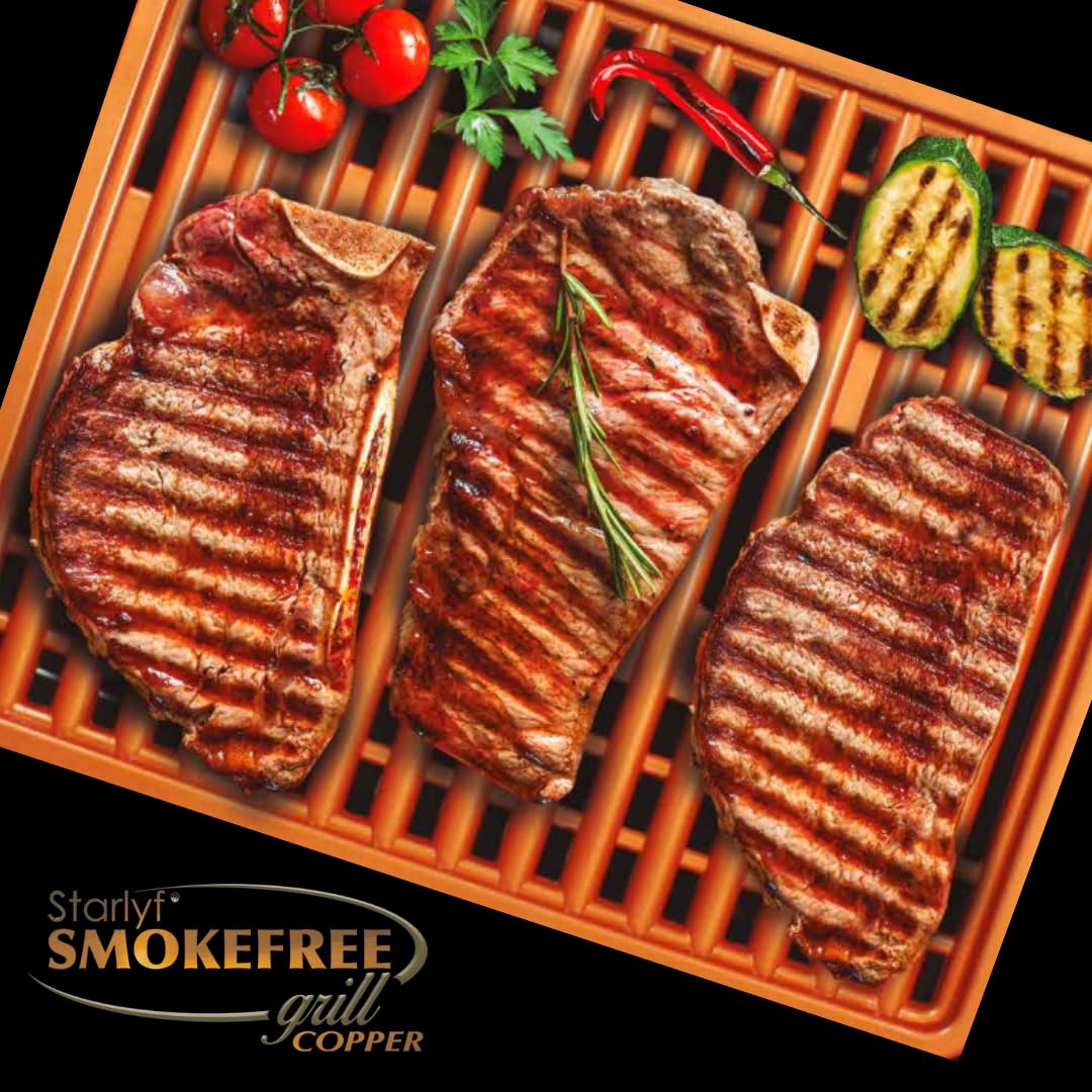 STARLYF Barbacoa eléctrica Smokefree Grill + Plancha - Barbacoa Eléctrica de 1250W, Parrilla Eléctrica Interior sin Humos ni Olores, Superficie Antiadherente de Cobre, Cocción Uniforme